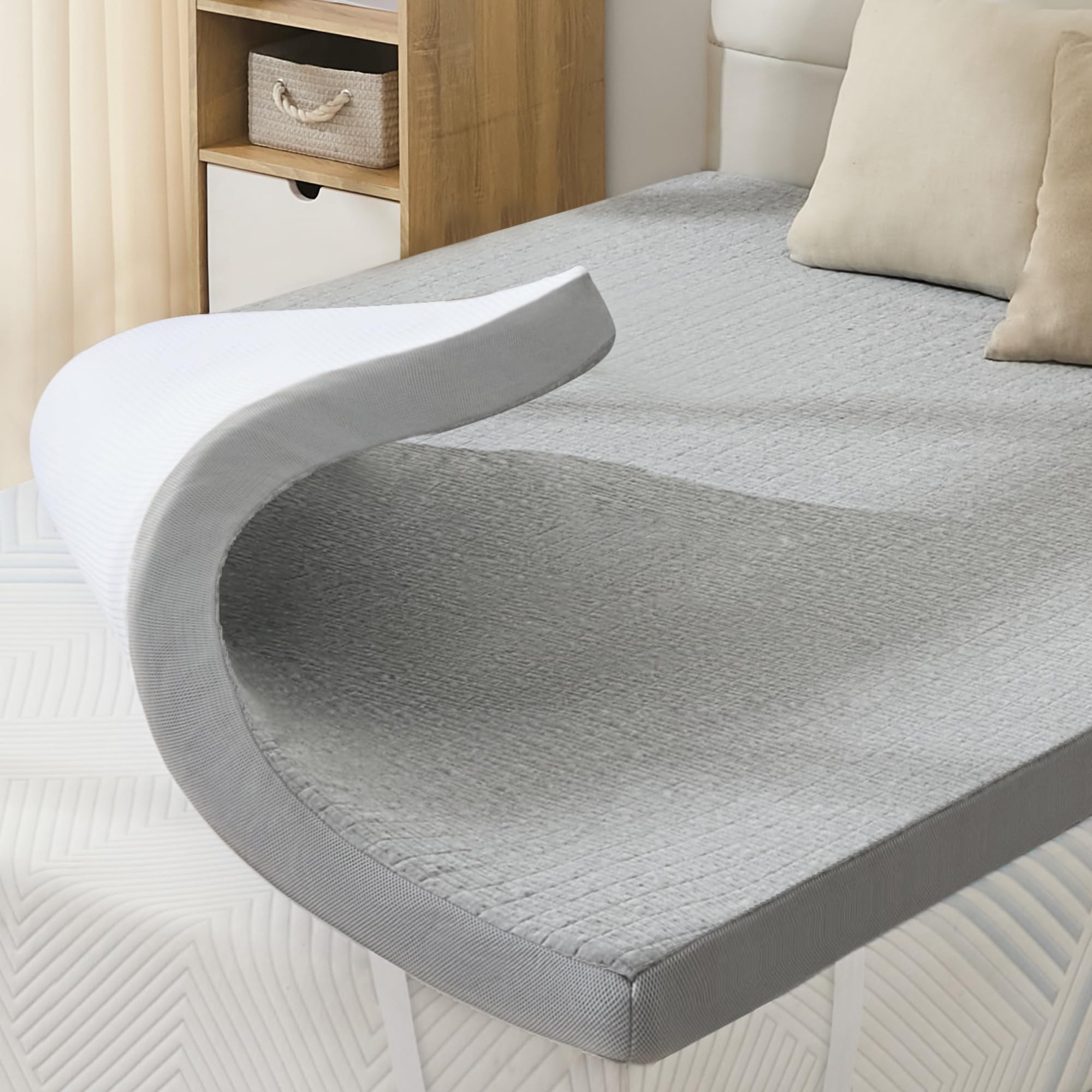 sinweek 3 inch mattress topper twin size, soft memory foam for back pain relief, breathable bed topper with grey cover, certipur-us certified