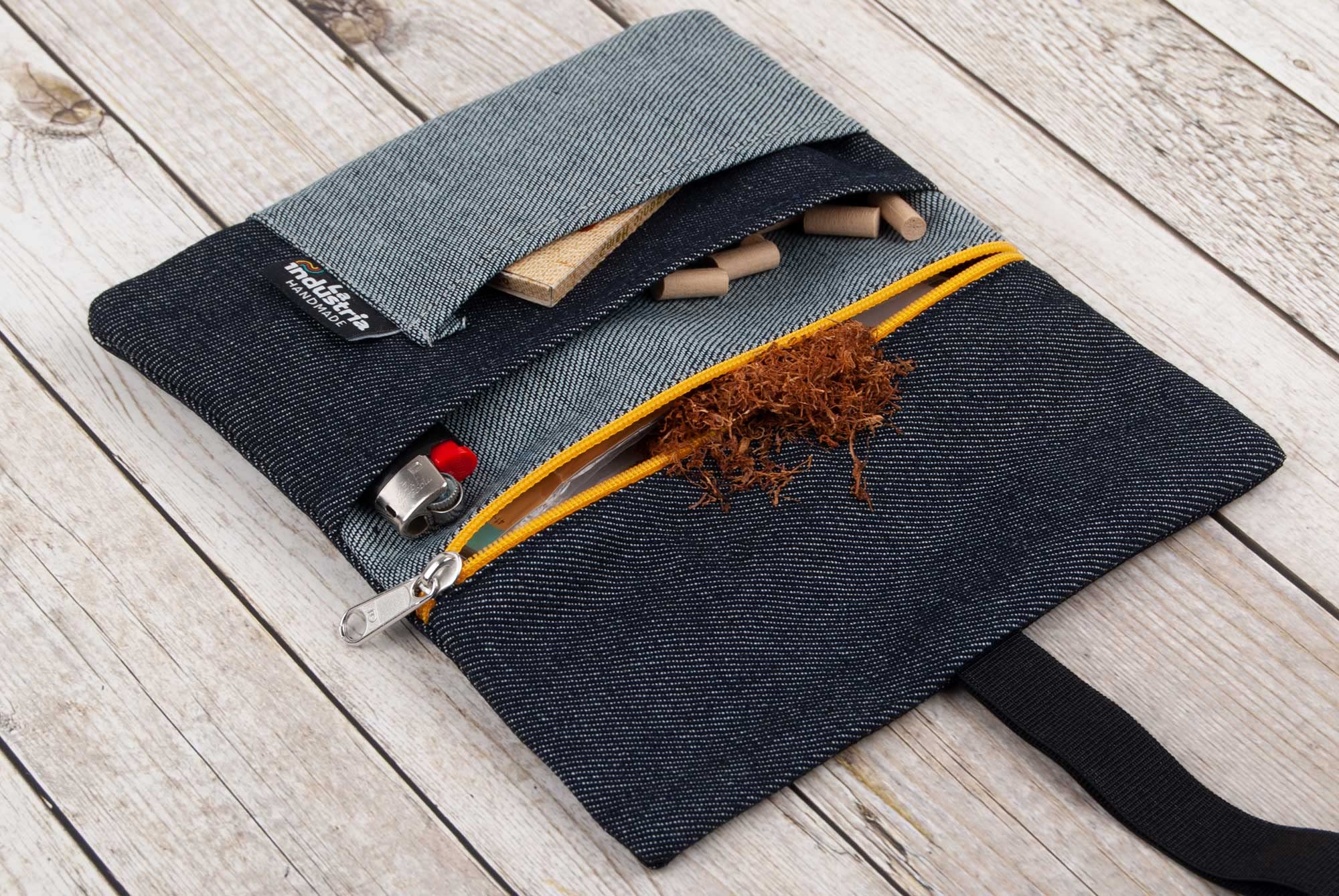 Tabaktasche Jeansstoff - Tabakbeutel Drehtabak Tasche Denim (Gelber Reißverschluss)
