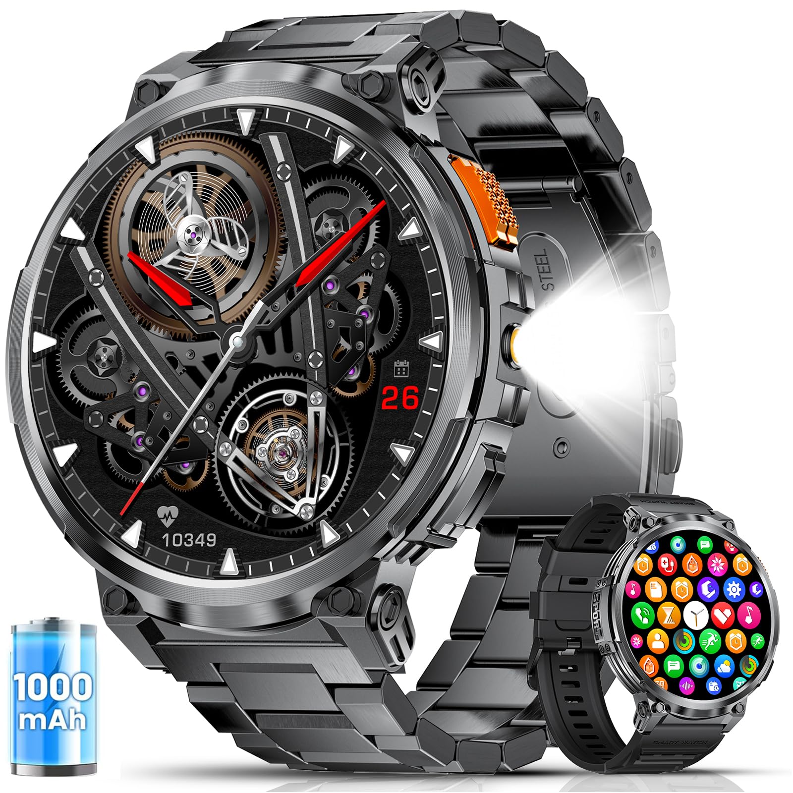 ESFOE Reloj Inteligente Hombre Militar con 1000mAh/LED Linterna,1.85” Grandes Smartwatch Hombre con Llamadas,5 ATM Impermeable/130+ Modos Deportivos/Pulsómetro/Sueño,Pulsera Actividad para Android iOS