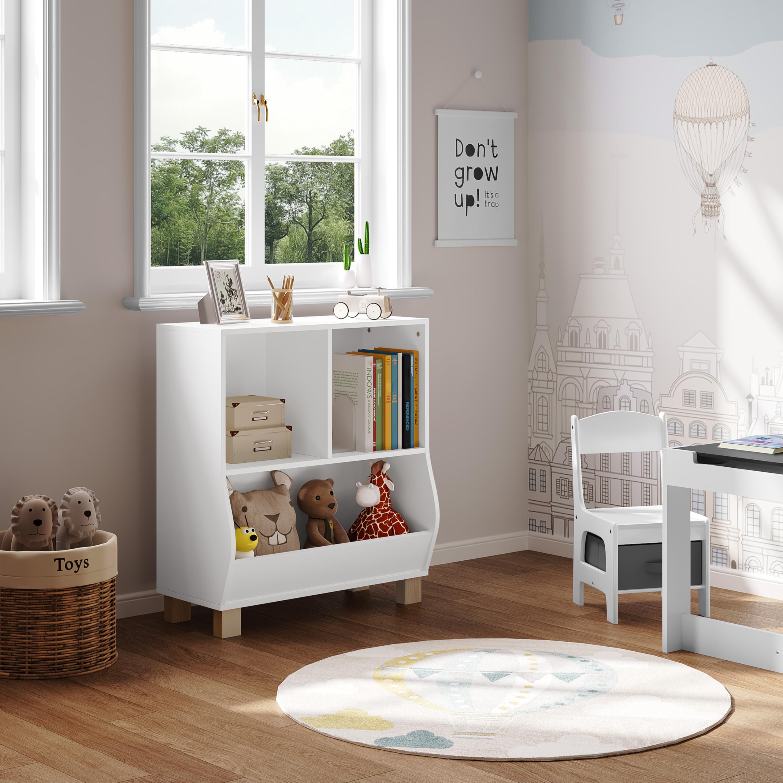 Lestarain Bücherregal Kinder, Regal weiß mit 3 Fächern, Montessori Kinderregal, Spielzeugregal mit Holzbeinen, Standregal für Bücher Spielzeug Kinderzimmer, 71,5x77x34,5 cm