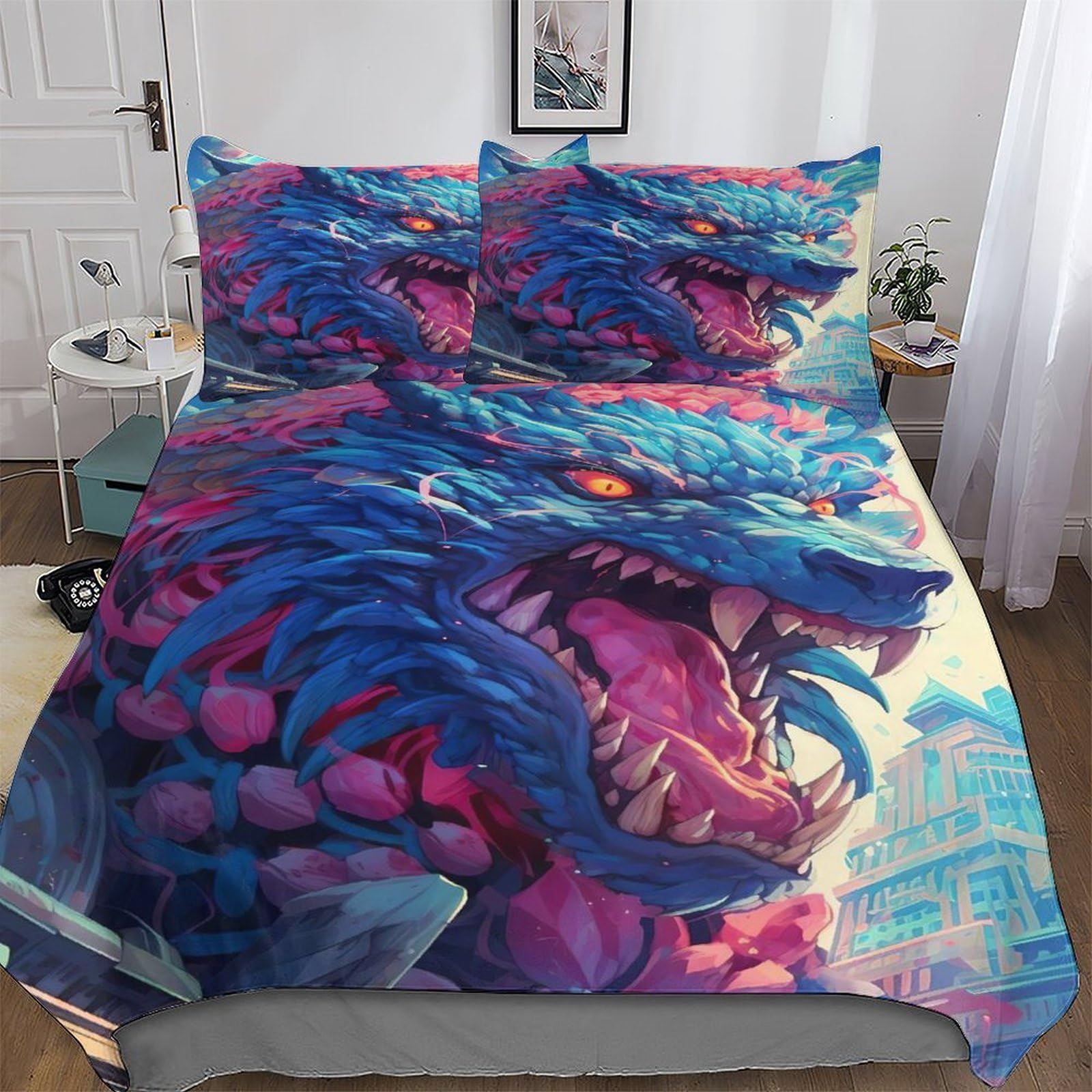 Housse de couette dragon grand lit microfibre douce pour chambre enfant et ado