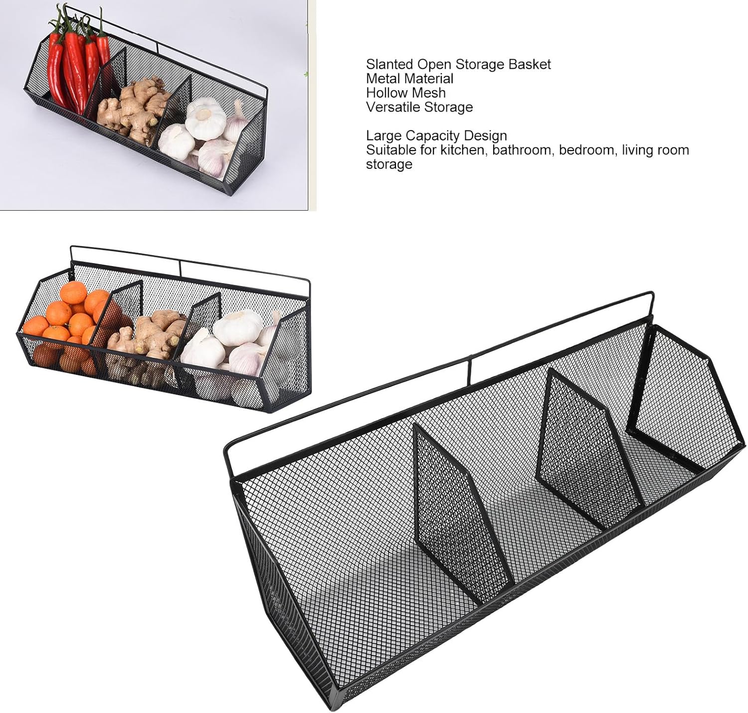 Metal Wire Basket, 3 Grids Wall Hanging Baskets, Wall Mount Slanted Opening Storage Organizer for Kitchen Bathroom Laundry Room Home Coffee Bar Office Garage (Black)