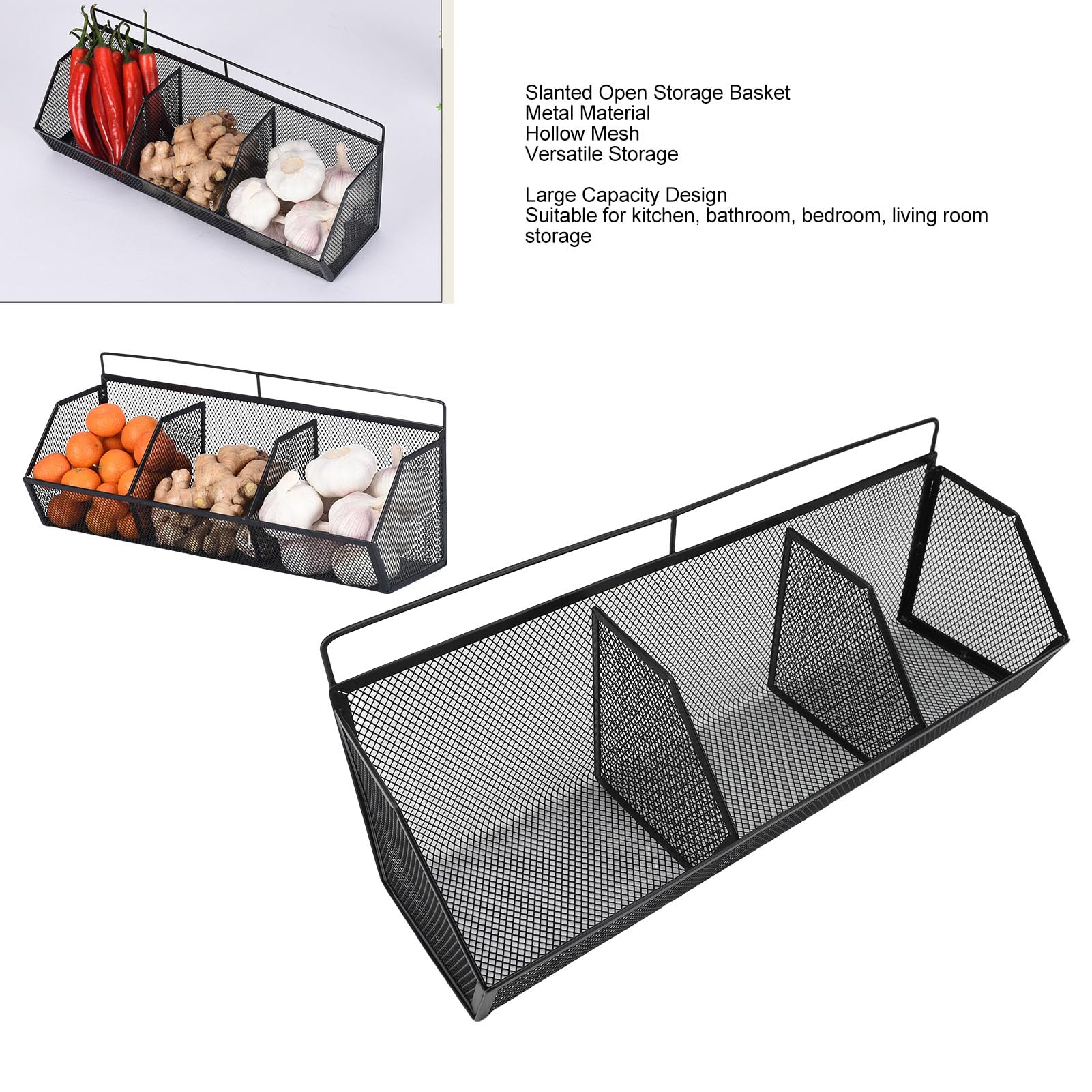 Cesta de alambre de metal, 3 rejillas para colgar en la pared, organizador de almacenamiento de apertura inclinada para cocina, baño, lavandería, hogar, cafetería, oficina, garaje (negro)