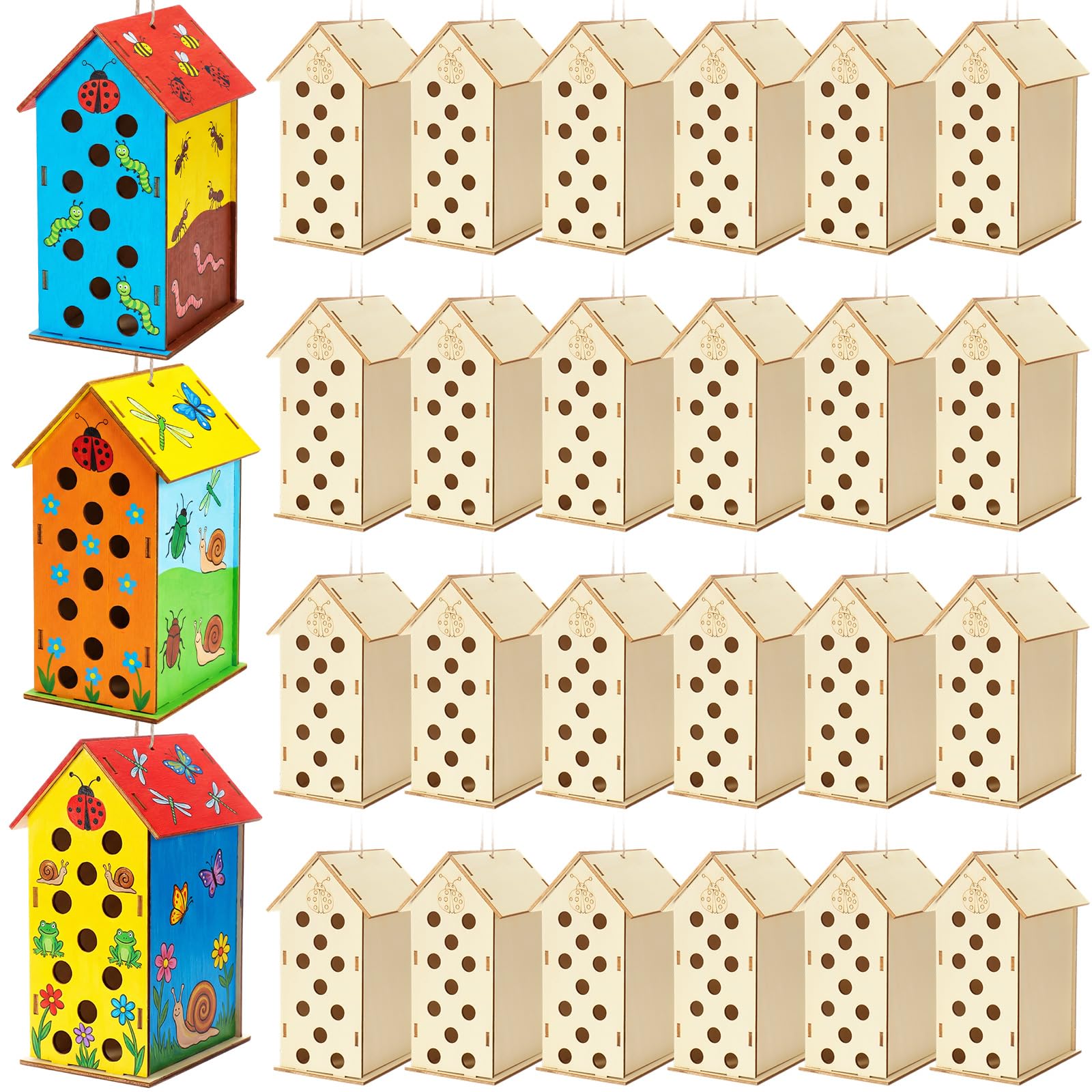 DoubleFill 24 Pack Wood Ladybirds House Painting Crafts Kits My First Ladybugs House DIY Art Craft Kit with Hemp Rope DIY Cedar Wooden Birdhouse for Building Bee Butterfly Habitat, No Paint