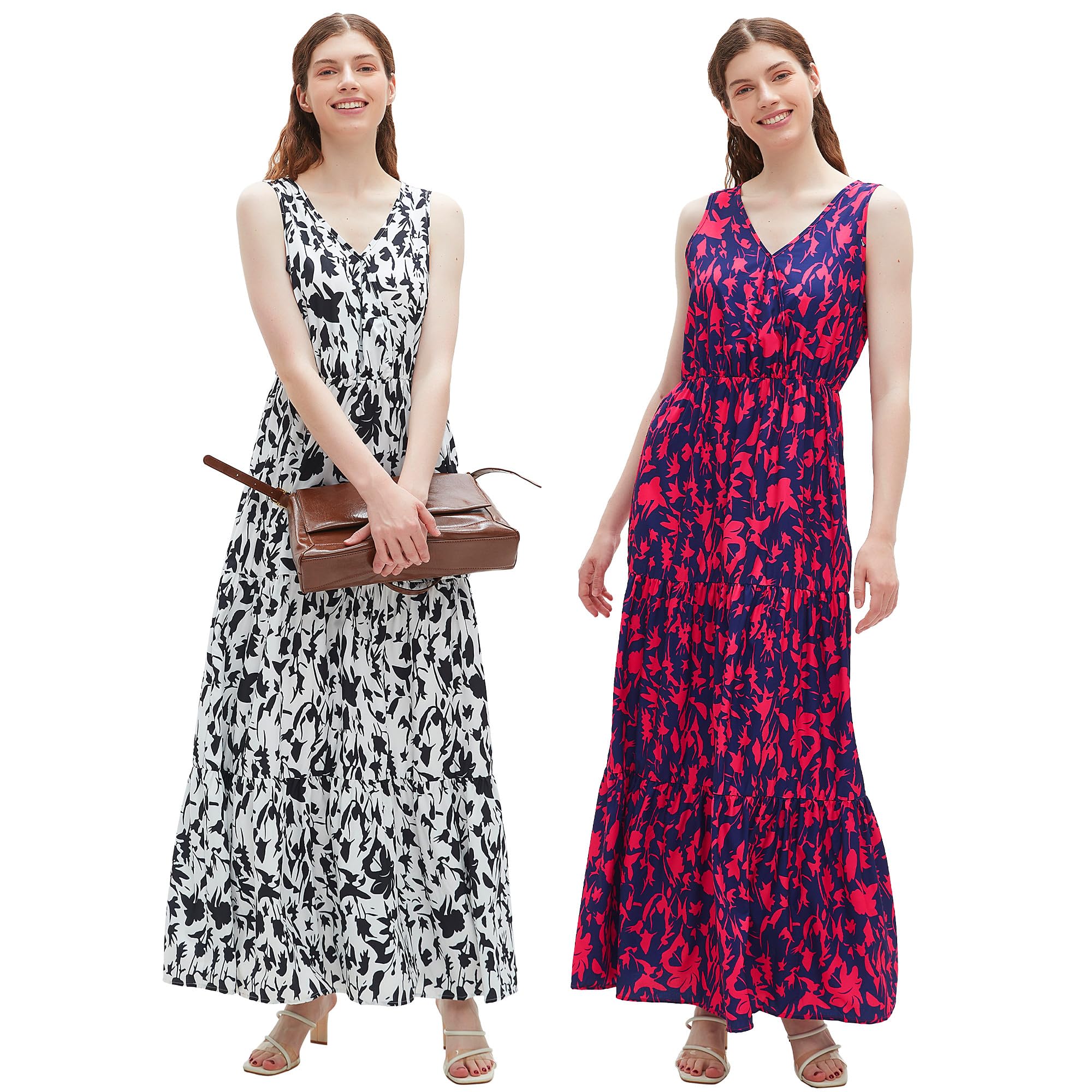 BING RUI CO2 pack Womens Summer Dresses V Neck Sleeveless Maxi Dresses Floral Long Dress