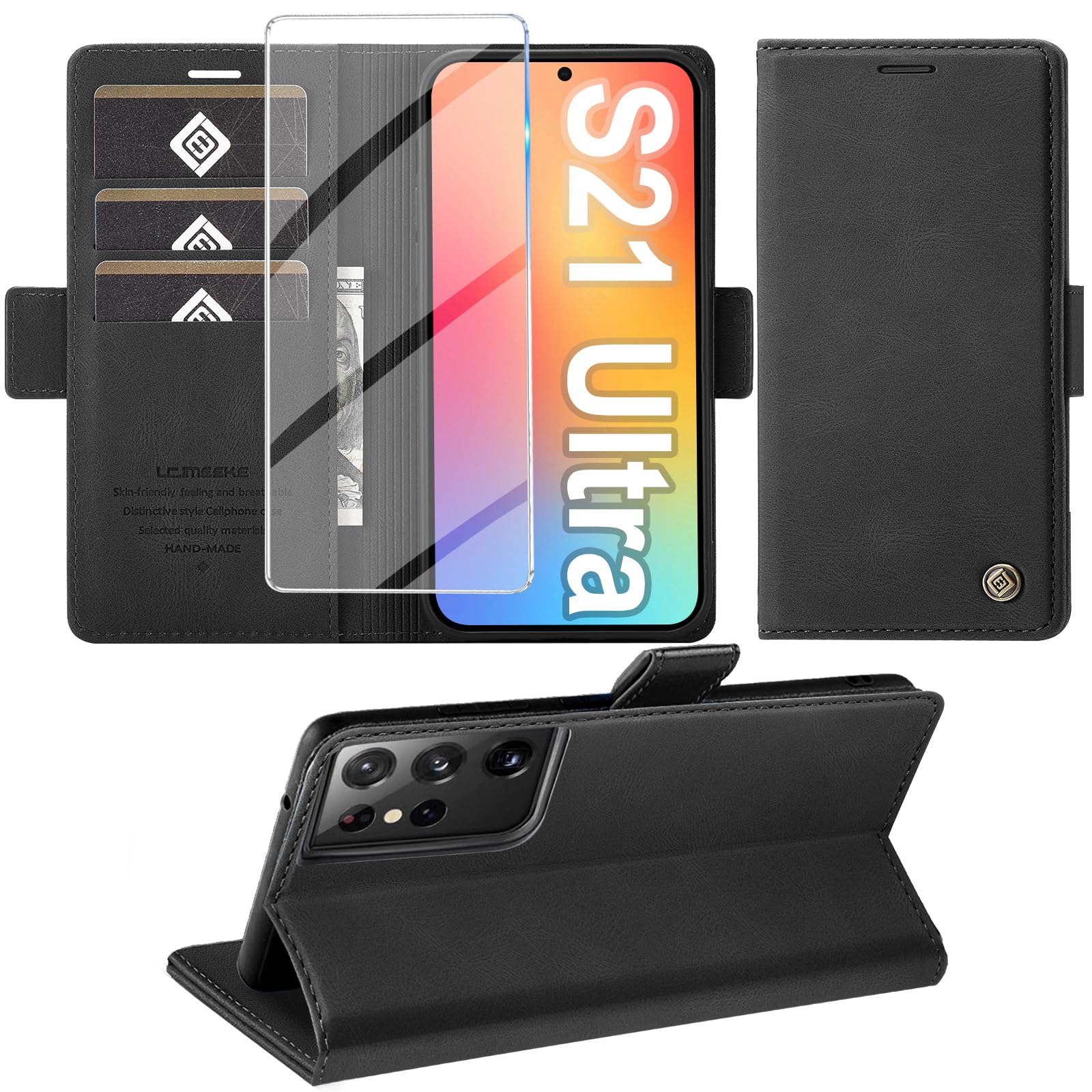 Giyer Handyhülle für Samsung Galaxy S21/S22/S23/S24/S25 Ultra Hülle mit Schutzfolie, Schutzhülle PU Leder Wallet Flip Case Standfunktion Kartenfach Klapphülle