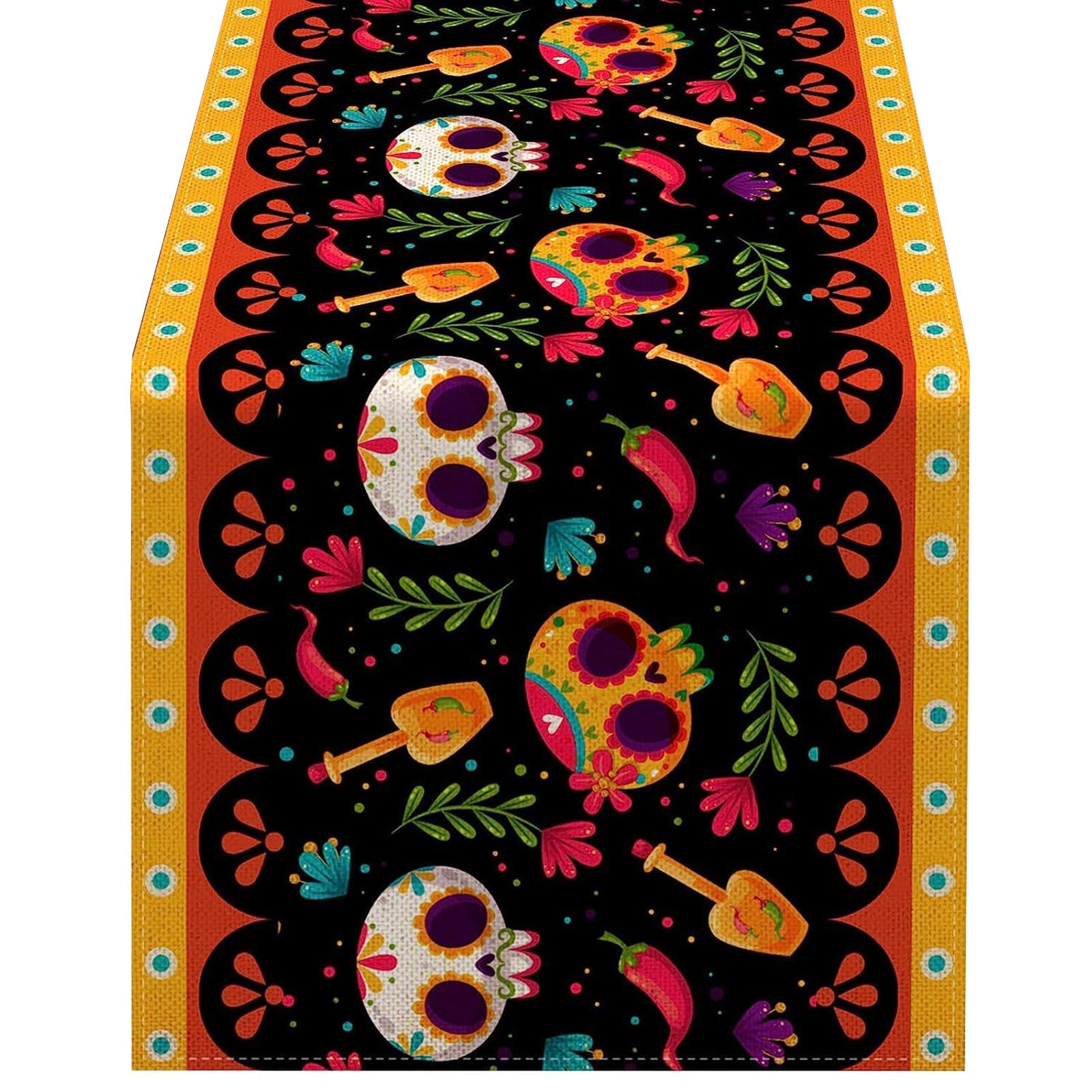 Yhplxyuus Mexico Flower Table Runner Halloween Skull Day of the Dead Tablecloth Party Dining Table Cover for Kitchen Home Decor Mexico Runners for Party