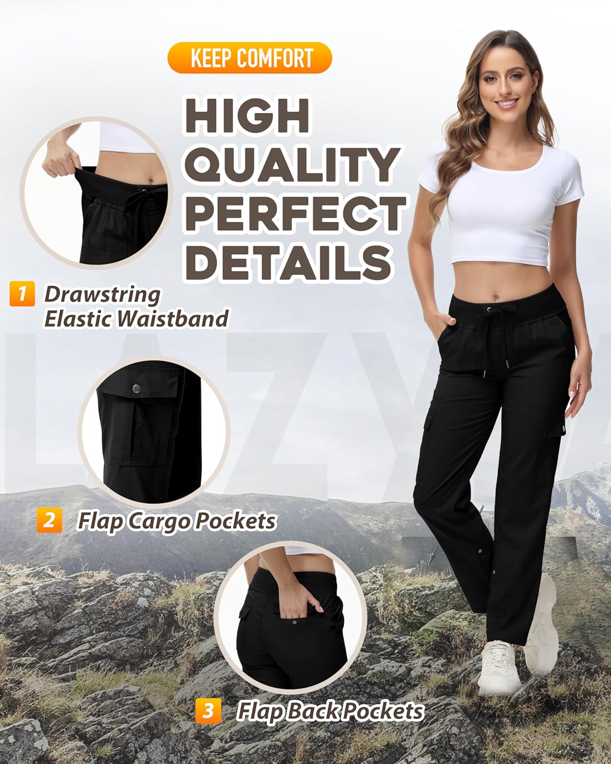 Women's Cargo Hiking Pants Quick Dry Lightweight Elastic Waist Button Pockets Joggers Athletic Sweatpants Travel Casual - Image 3