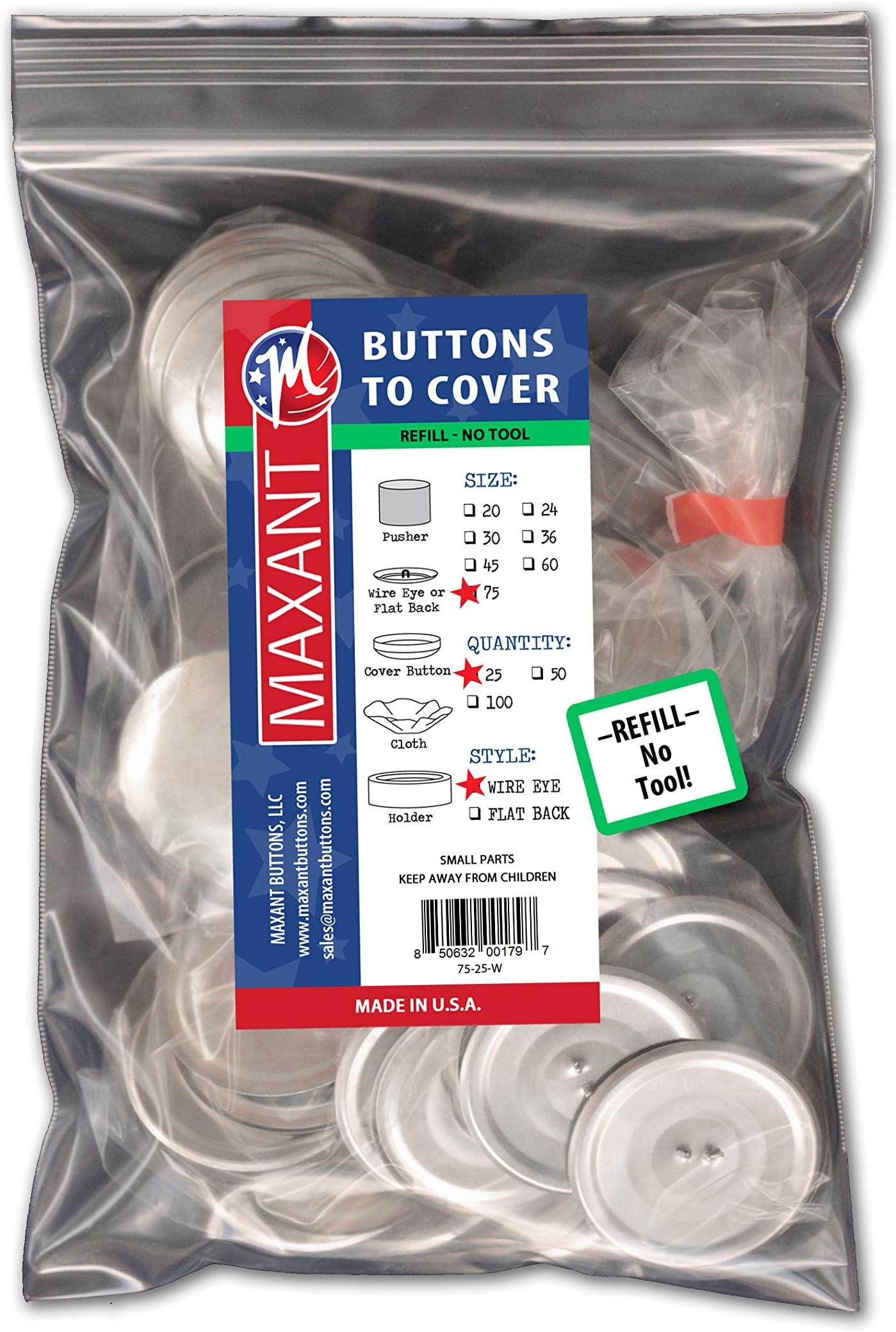 25 Buttons to Cover - Made in USA - Cover Buttons with Wire Eye Backs 75 (1 7/8")