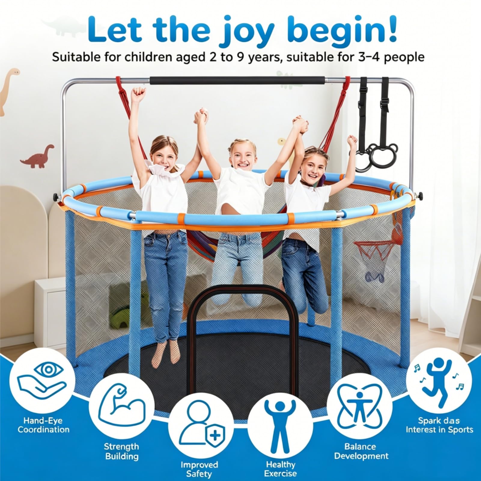 150cm Trampolino Elastico per Bambini, 5 in 1 Multifunzionale Tappeto Elastico con Altalena, Canestro Basket, Anelli, Rete Sicurezza e Ventose Antiscivolo, Altezza Regolabile per Bambini 2 ai 9 Anni