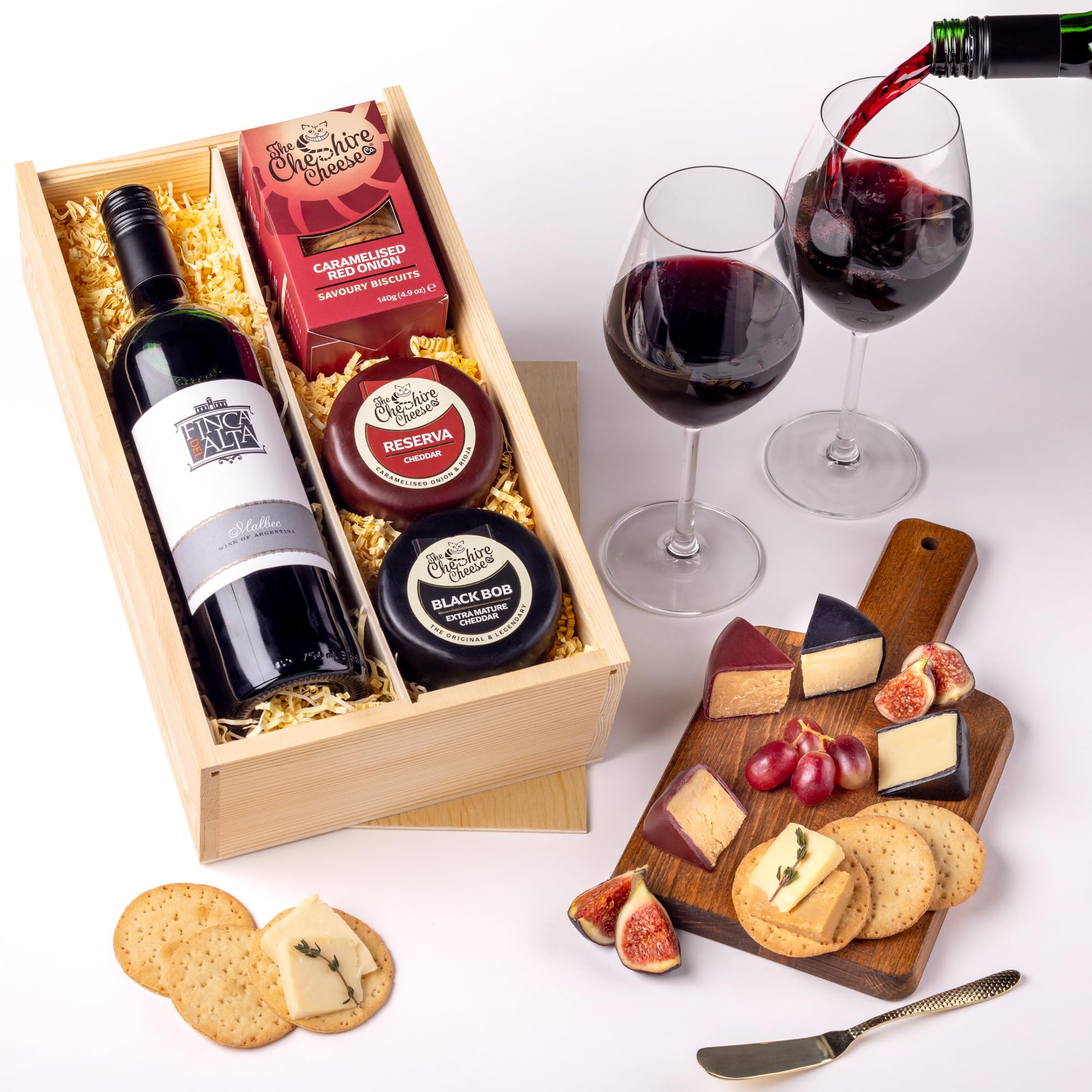 Duo of Cheese and Wine Gift Set – The Perfect Night In | Award Winning 2 Cheeses, 1 Biscuits & Red Wine Gift Set in Presentation Box | Luxury Food Hamper for Birthdays & more