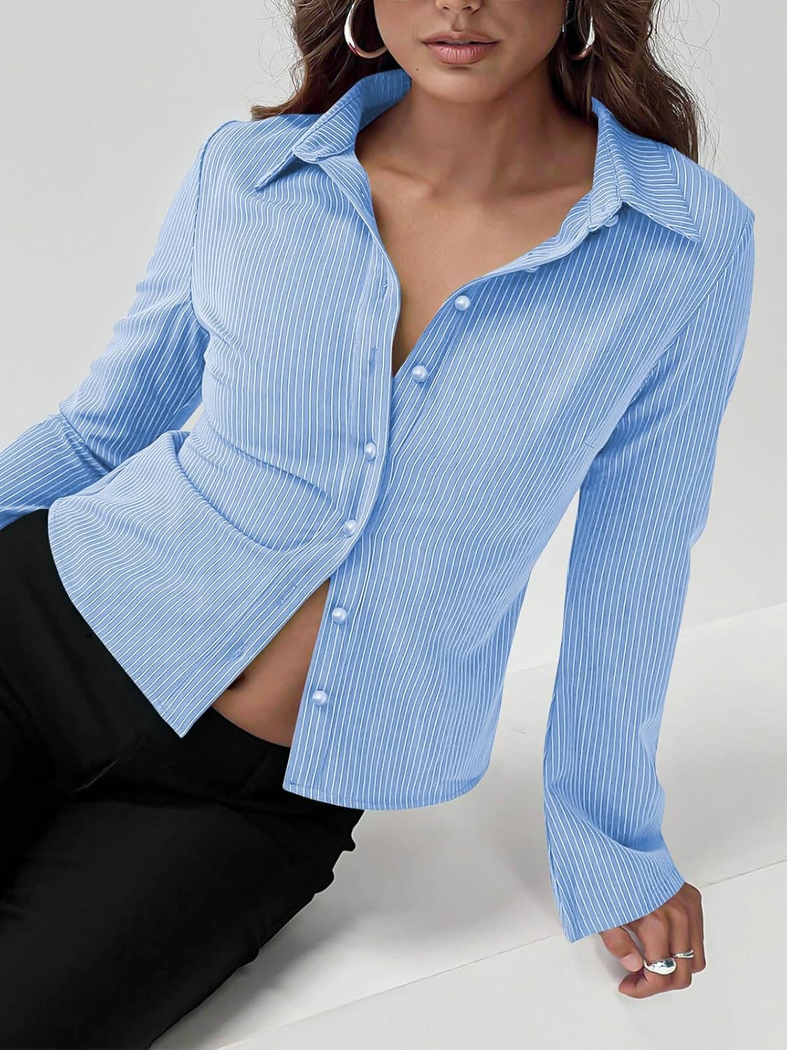 ECHOINE Women Button Down Shirts Long Sleeves Slim Fitted Casual Collared Blouses Work Striped Tops - Image 3