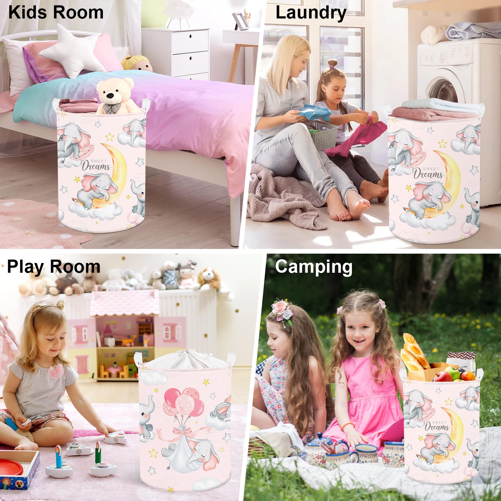 Cesta de ropa sucia con diseño de elefante durmiente para niños, cesta de ropa plegable para guardería, cesta de almacenamiento de juguetes con tapa 7