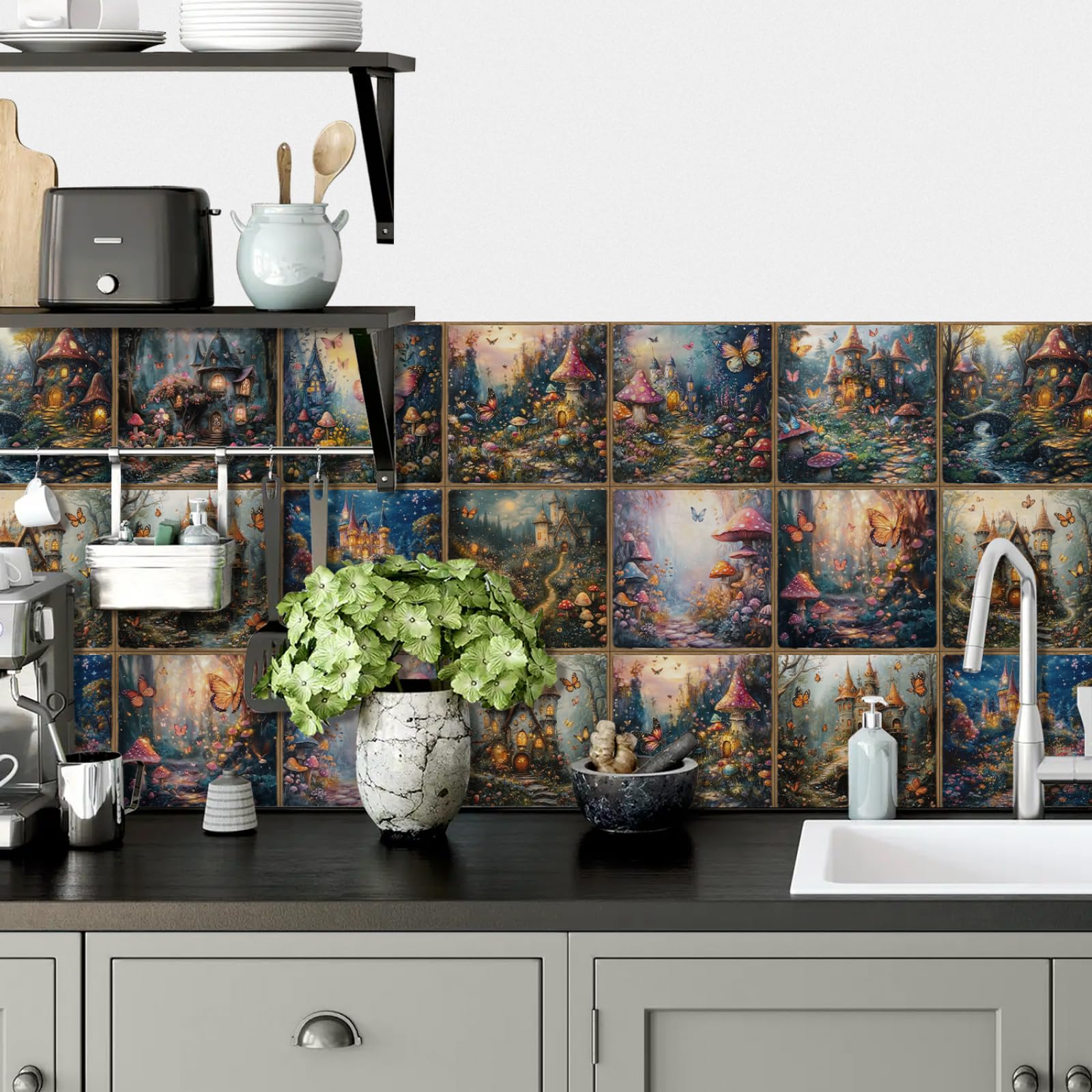 Azulejos Adhesivos Cocina Edificios Azules Amarillos Impermeables Baño Azulejos, Diy Extraíble Vinilo Vinilo Pared Cocina