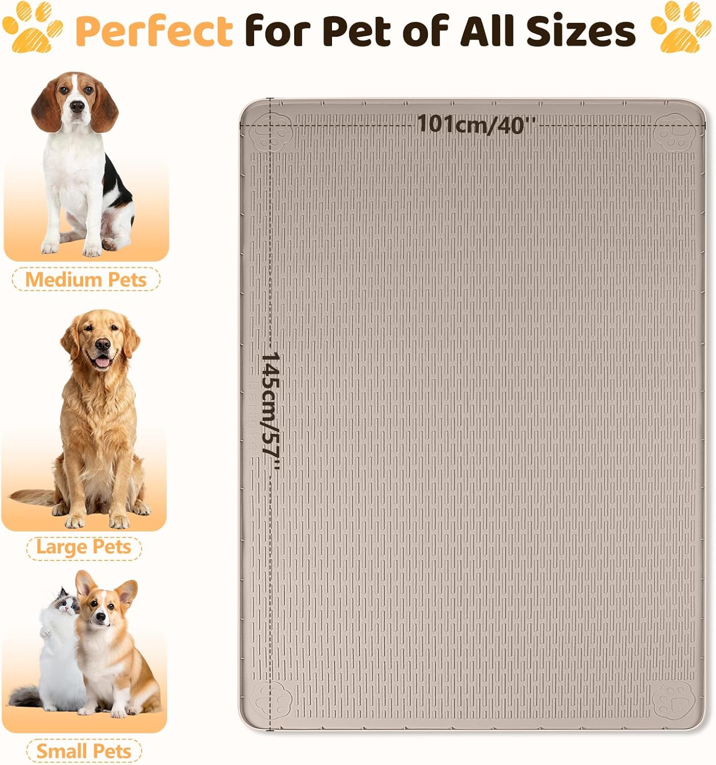 Silicone Dog Bed Mat, 57"x 40" Crate Mat for Dog Cages, Kennel Mat with Raised Edge, Washable, Waterproof, Leakproof, Protect Floors (Khaki)