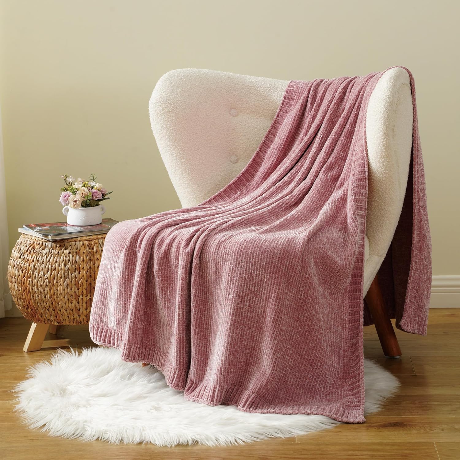 BATTILO HOME Chenille Throw Blanket for Couch, Pink Blanket Throw Chenille Knitted Blankets for Home Decor, Super Soft Blush Pink Throws for Bed Sofa Living Room, 51"x67" - Image 3