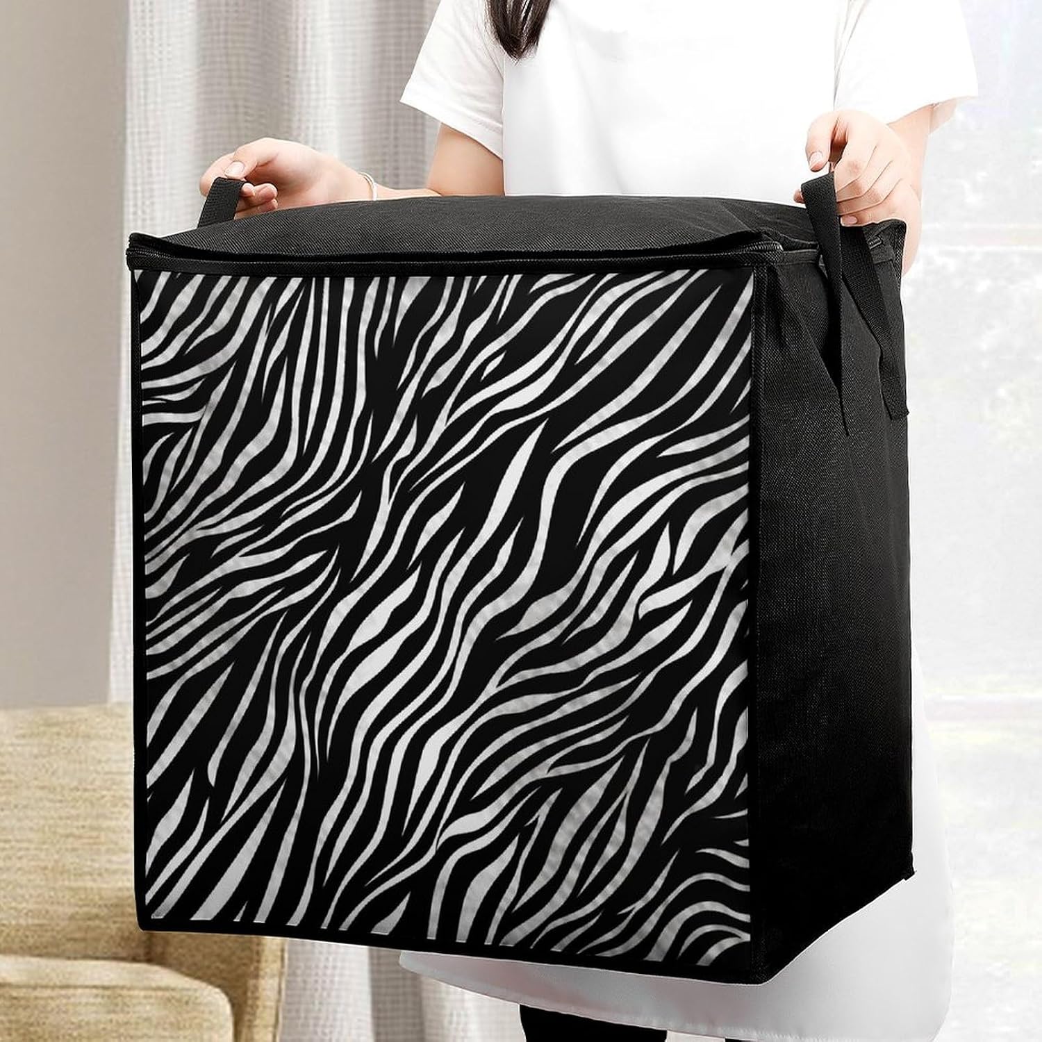 Large Zebra Print Storage Bags with Handle Foldable Closet Organizers Clothes Storage Bins Bedding Storage Containers Fabric Moving Bags Blanket Comforter Storage Bag 70L