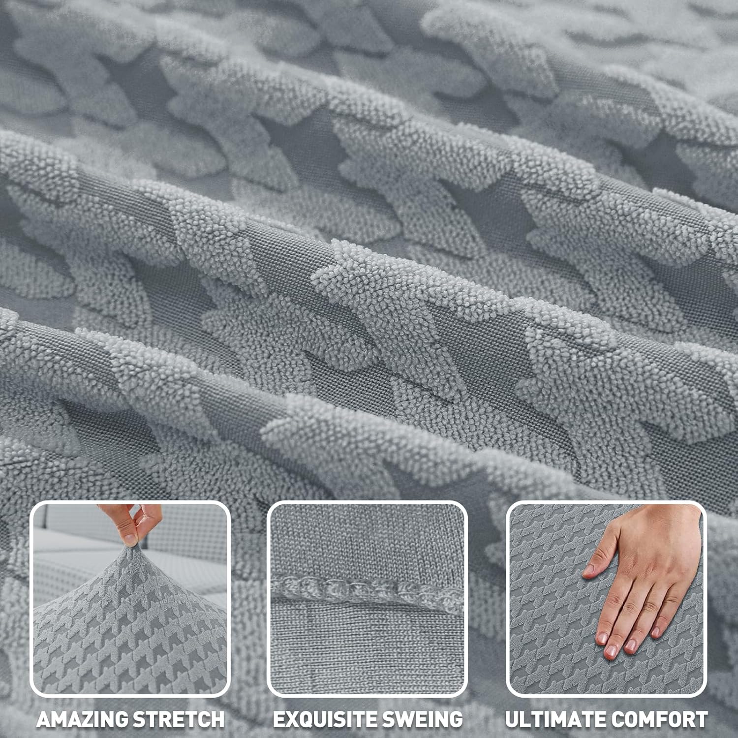 ZNSAYOTX Stretch Sectional Couch Covers New-Houndstooth Texture, Thick Slipcovers with Elastic Bottom for L Shape Sectional Sofa, 2 Pcs Pet Friendly Universal Protector (Sofa or Chaise), Light Grey
