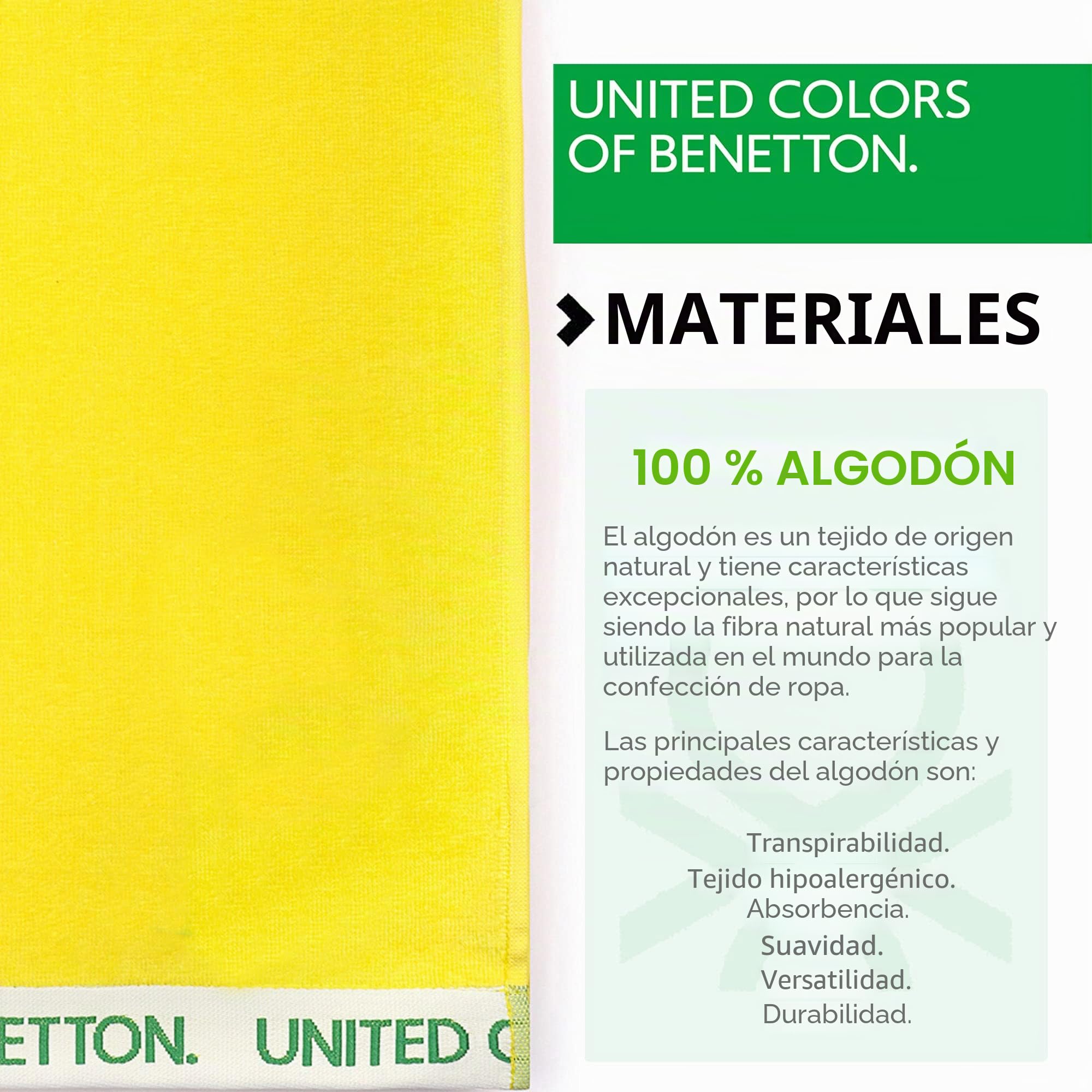 UNITED COLORS OF BENETTON, SET 2 TOALLAS DE PLAYA 90X160CM 380GSM VELOUR 100PercentALGODON CASA BENETTON, Verde + Amarillo, 90x160 c/u