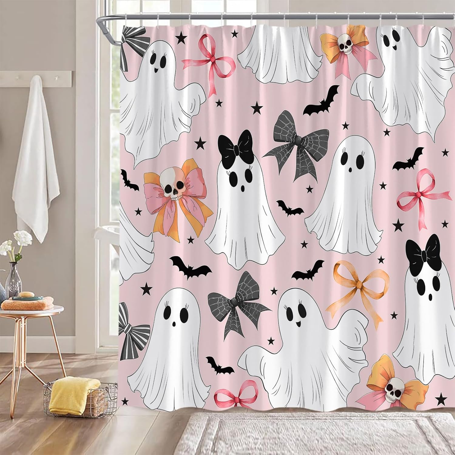 Halloween Ghost Extra Long Shower Curtain,Spooky Cute Festival Gothic Decor for Bathroom,Bow Skull Bat Funny Pink White Black Fabric Curtain with Hooks,70x78 Inch