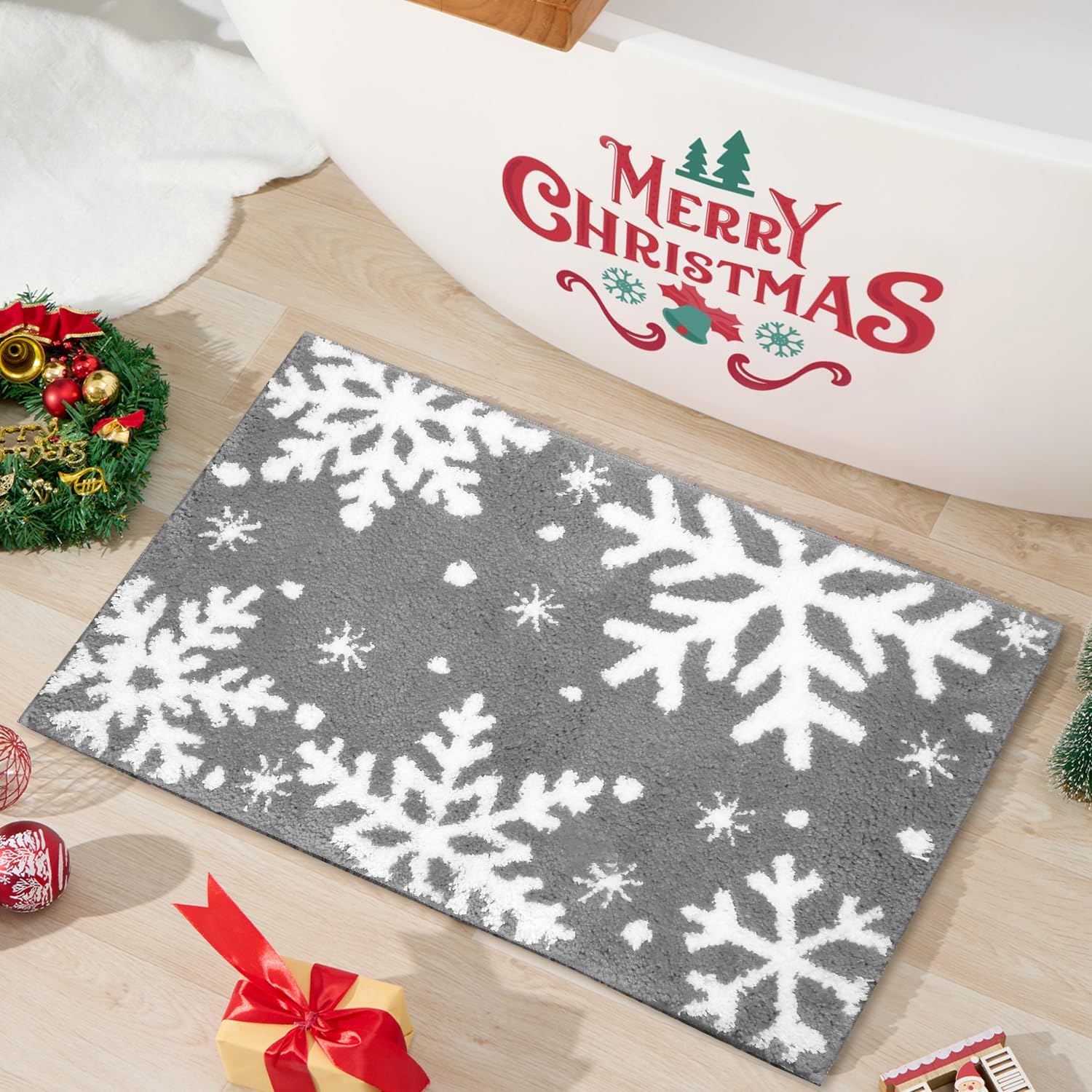 Snowflake Bathroom Rugs, Grey Christmas Soft Absorbent Bath Mat, Non Slip Xmas Winter Holiday Shower Mat for Bathroom Decorations, 20" x 32"