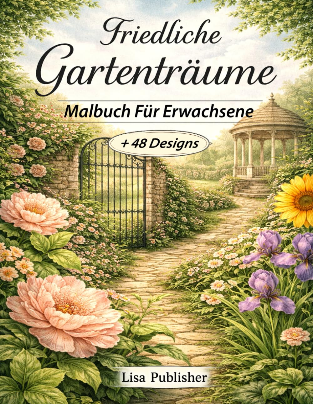 Friedliche Gartenträume Malbuch für Erwachsene: Natürliche Gartenszenen und Florale Illustrationen zur Entspannung und Zum Achtsamen Ausmalen.