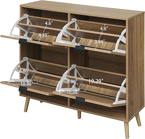 Miniatura 5 de ZeHuoGe Zapatero de ratán con 4 cajones abatibles, armario de almacenamiento de 2 niveles de nogal para tacones, zapatillas, zapatero independiente,