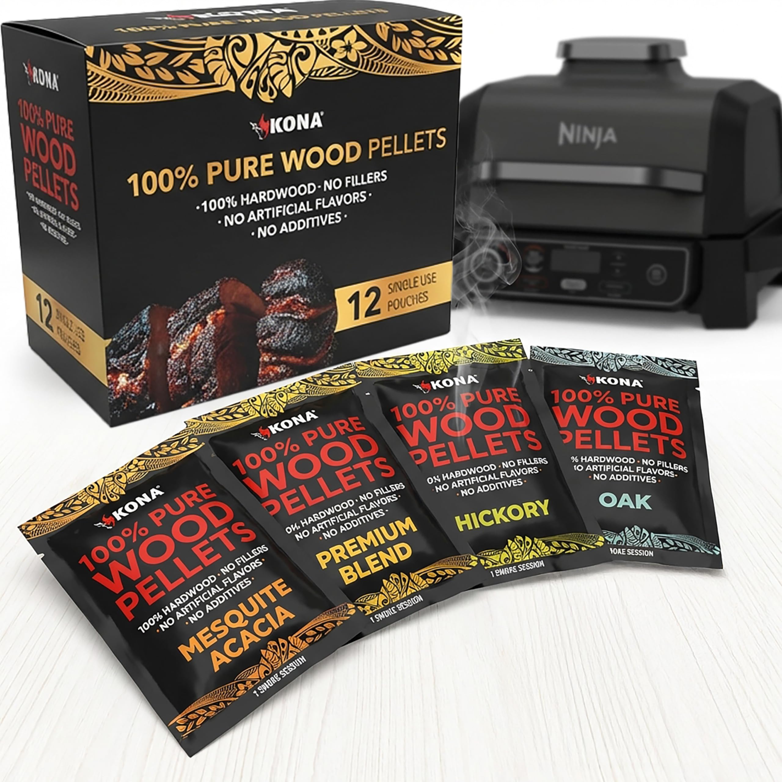 Kona Brown Wood Pellets Intended For The Ninja Woodfire Grill, 12 Single-Use Pouches (4 Flavors)