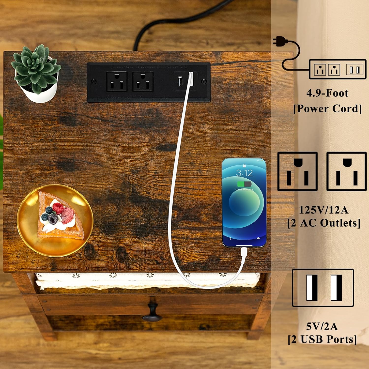 Lerliuo Nightstand with Charging Station and USB Ports, 3-Tier Storage End Table with Drawer Shelf, Night Stand for Small Spaces, Wood Bedside Table for Living Room, Bedroom - Retro Brown… - Image 5