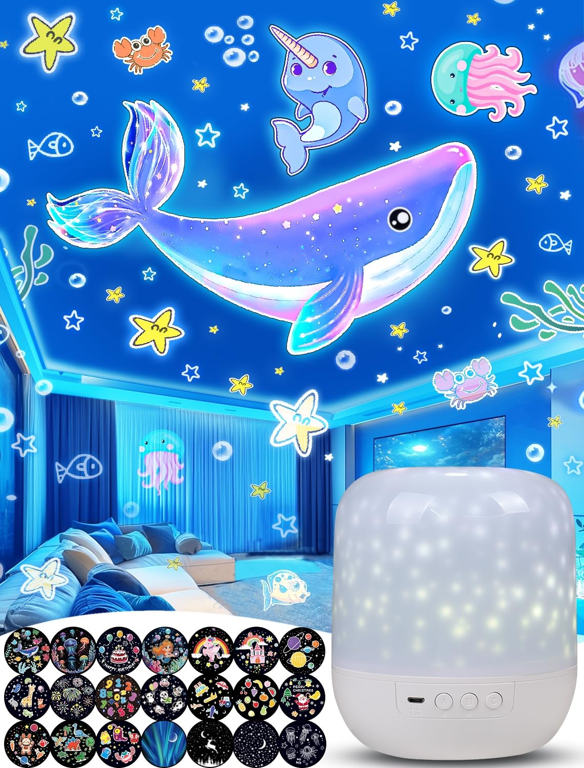 21 Sets of Films + Kids Night Light Projector, Projector Night Light for Kids Bedroom, Ceiling, Star Galaxy Projector with 360° Rotation, Dimmable for Baby Toddler Girl, Christmas, Nursery, Room Decor