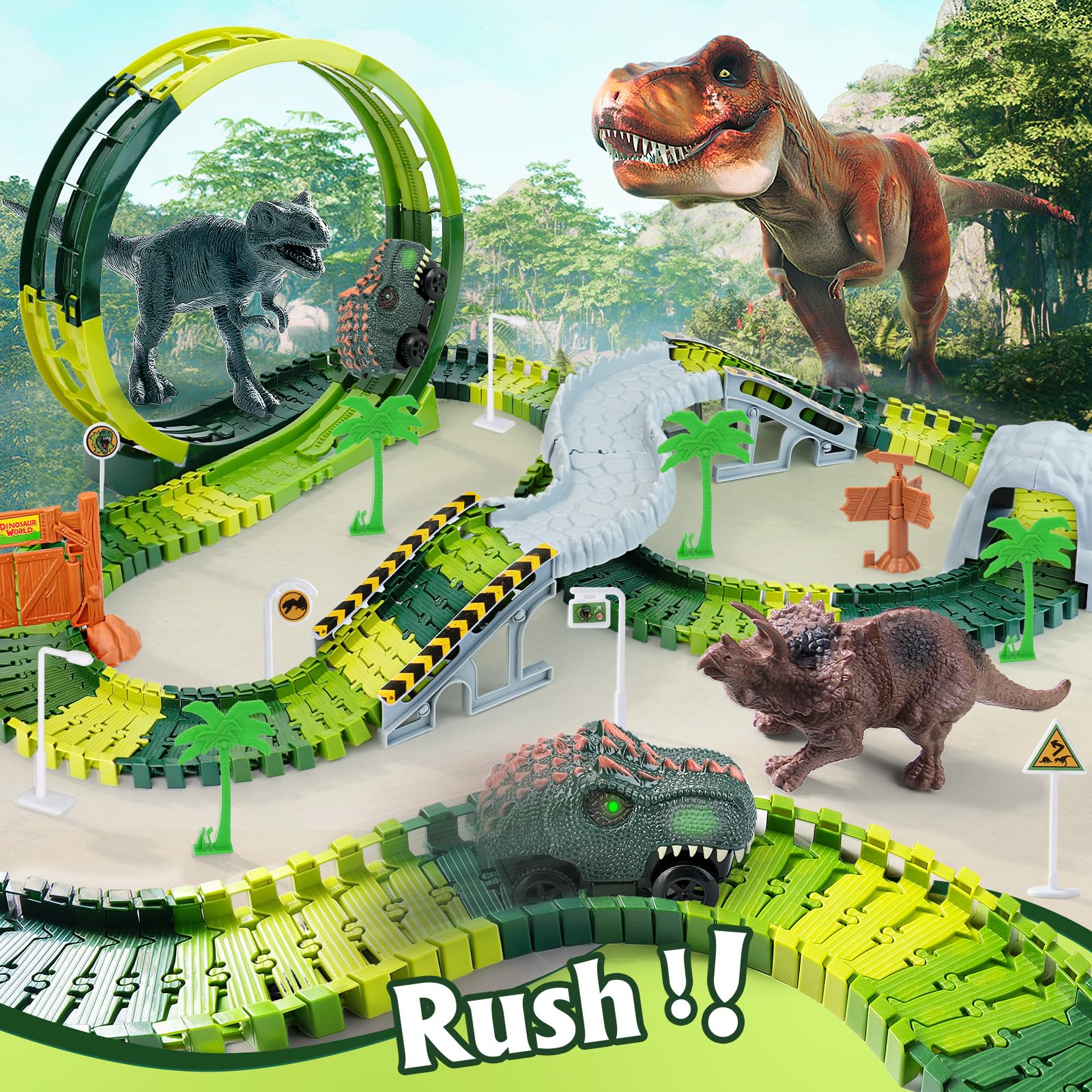 Dinozaury tor samochodowy dla dzieci w wieku od 3, 4, 5, 6 lat, dinozaury, zestaw zabawek dla dzieci, autostrada, pociąg z 2 samochodami, elektryczny tor wyścigowy 360 pętli, tor wyścigowy