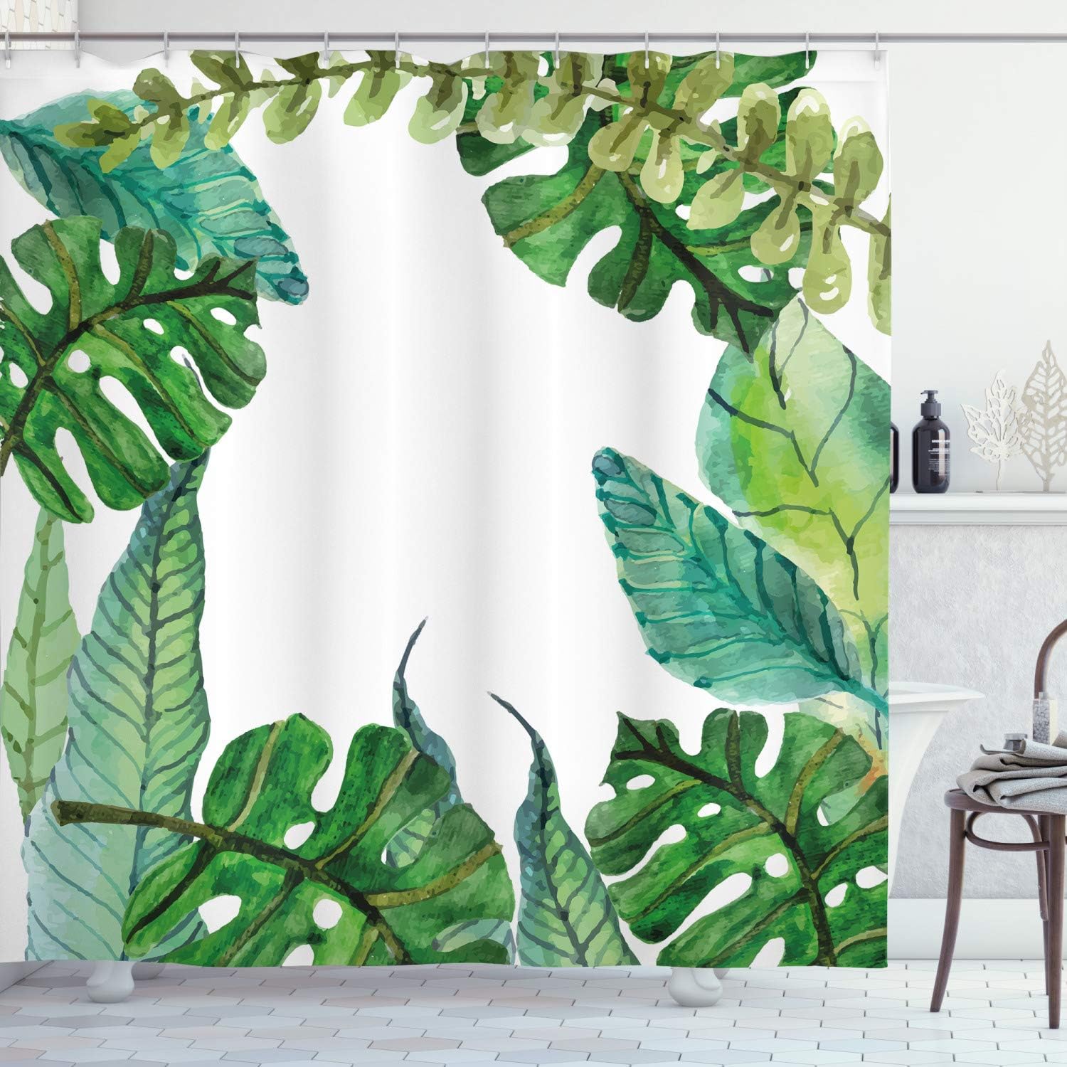 Ambesonne Leaf Shower Curtain, Watercolor Print Garden Botanical Herbal Forest Leaves Image, Cloth Fabric Bathroom Decor Set with Hooks, 69" W x 75" L, Apple Green Dark Green