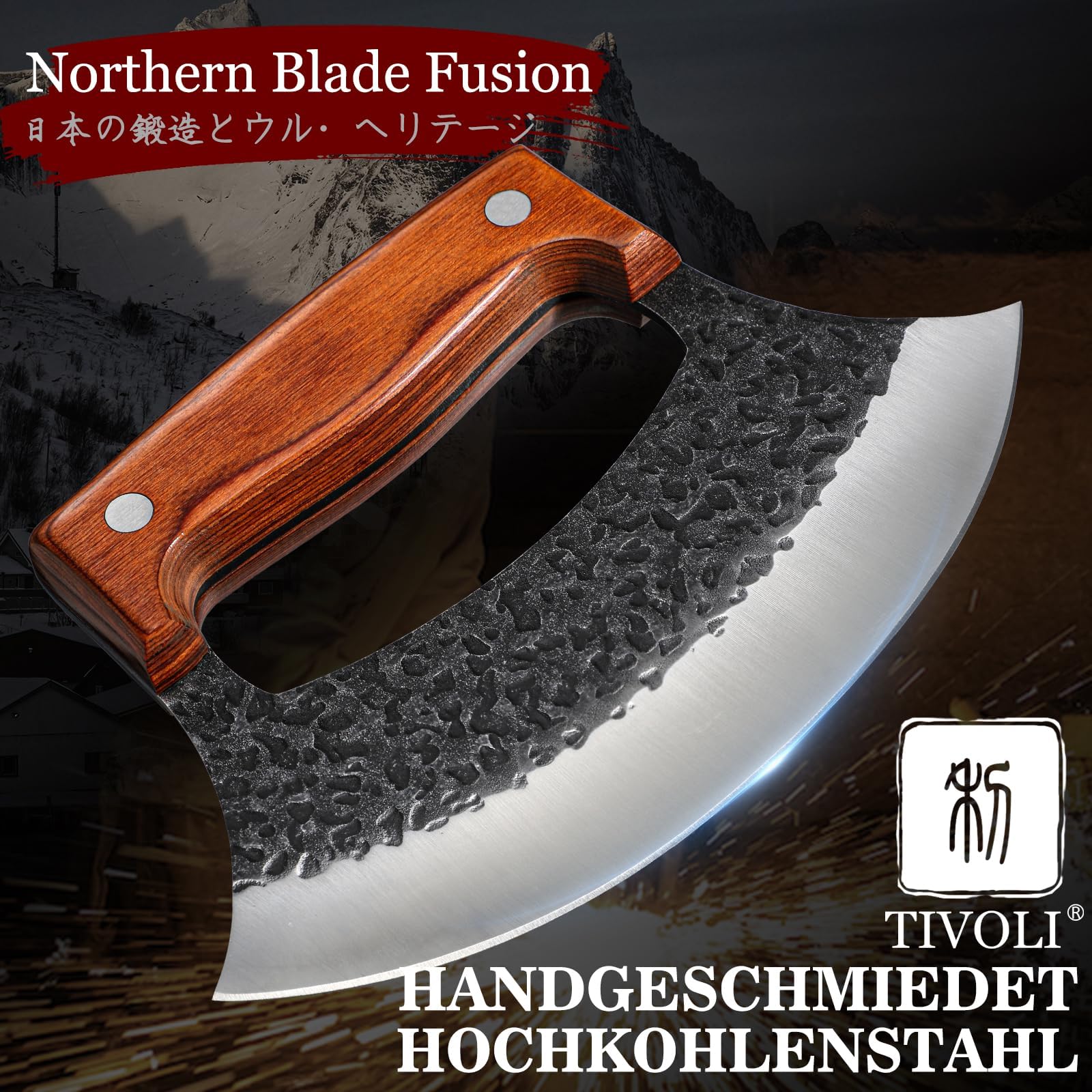 Tivoli Cuchillo Ulu Forjado a Mano – Hoja Acero al Carbono, con Funda Protectora y Caja Regalo, Hachero Verduras Media Luna & Cortapizzas para Cocina, Camping, Barbacoa