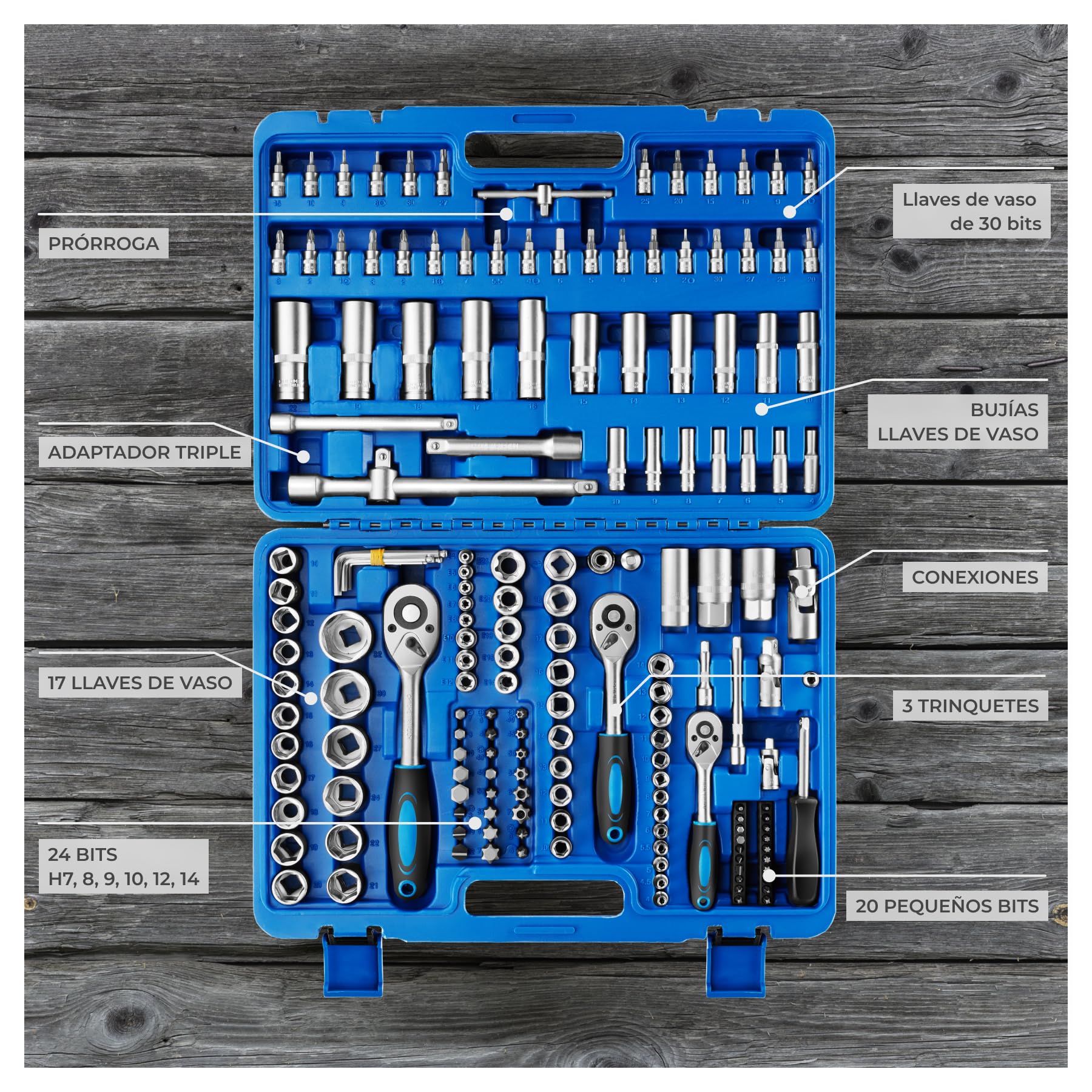 tectake® Maletin Profesional, Juego de Llaves de Tubo, Llaves Torx, Caja herramientas, Kit de Bricolaje, Maletín Herramientas, Acero Cromo Vanadio - 171 piezas Azul