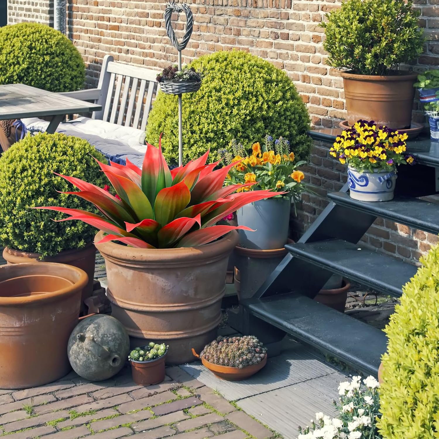 Giegxin 2 Pack 18 Inch Artificial Agave Plants Red UV Resistant Fake Agave Plant Succulent Plant for Indoor Outdoor Natural Home Office Housewarming Decor (Small)