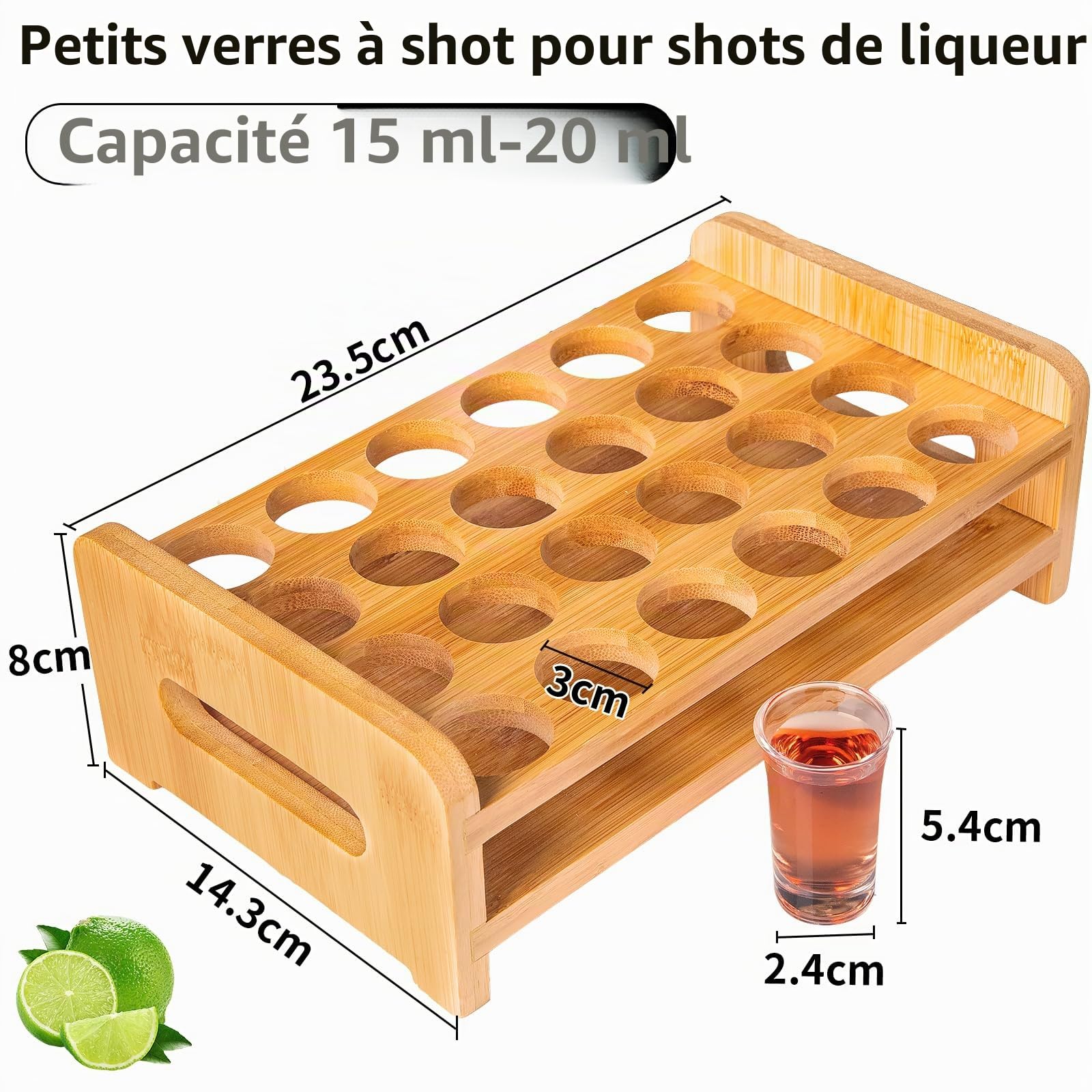 Lot de 24 verres à liqueur, support en bois et verre à shot, planche de service de boissons, organiseur de 24 trous avec verre en cristal transparent, 15 ml-20 ml pour liqueur, rhum à la maison, fête