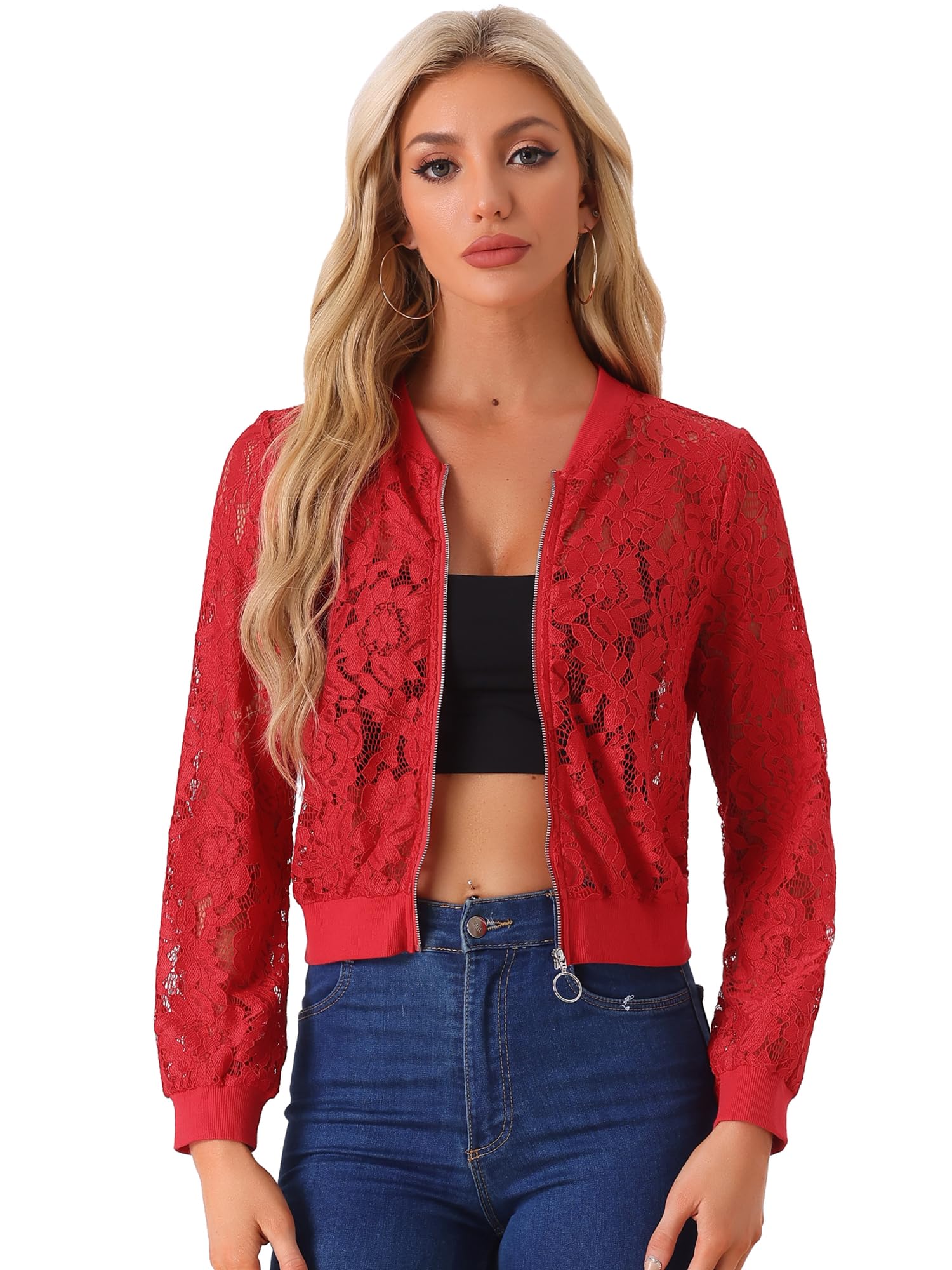 Allegra K Damen Spitzen Jacken Durchsichtige Mesh Netzstoff Reißverschluss Blumenmuster Bomberjacke
