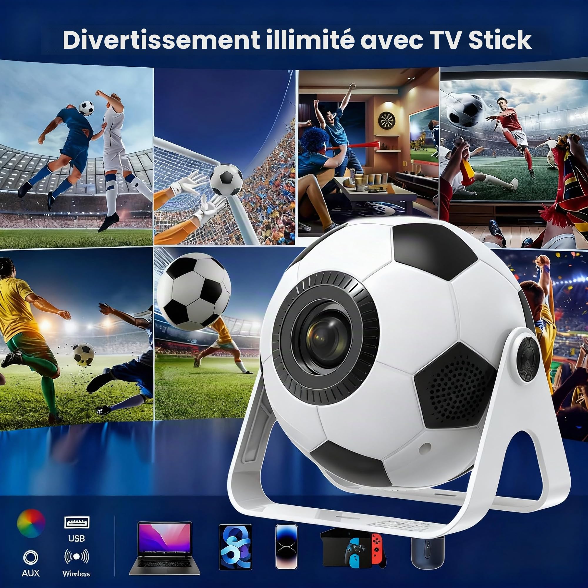 Mini-projecteur de Football 2026, Compatible 4K/1080p, 220 ANSI, avec Correction Automatique de la Distorsion trapézoïdale Verticale, Rotation à 270°, Wi-FI 6 Double Bande et Bluetooth 5.4