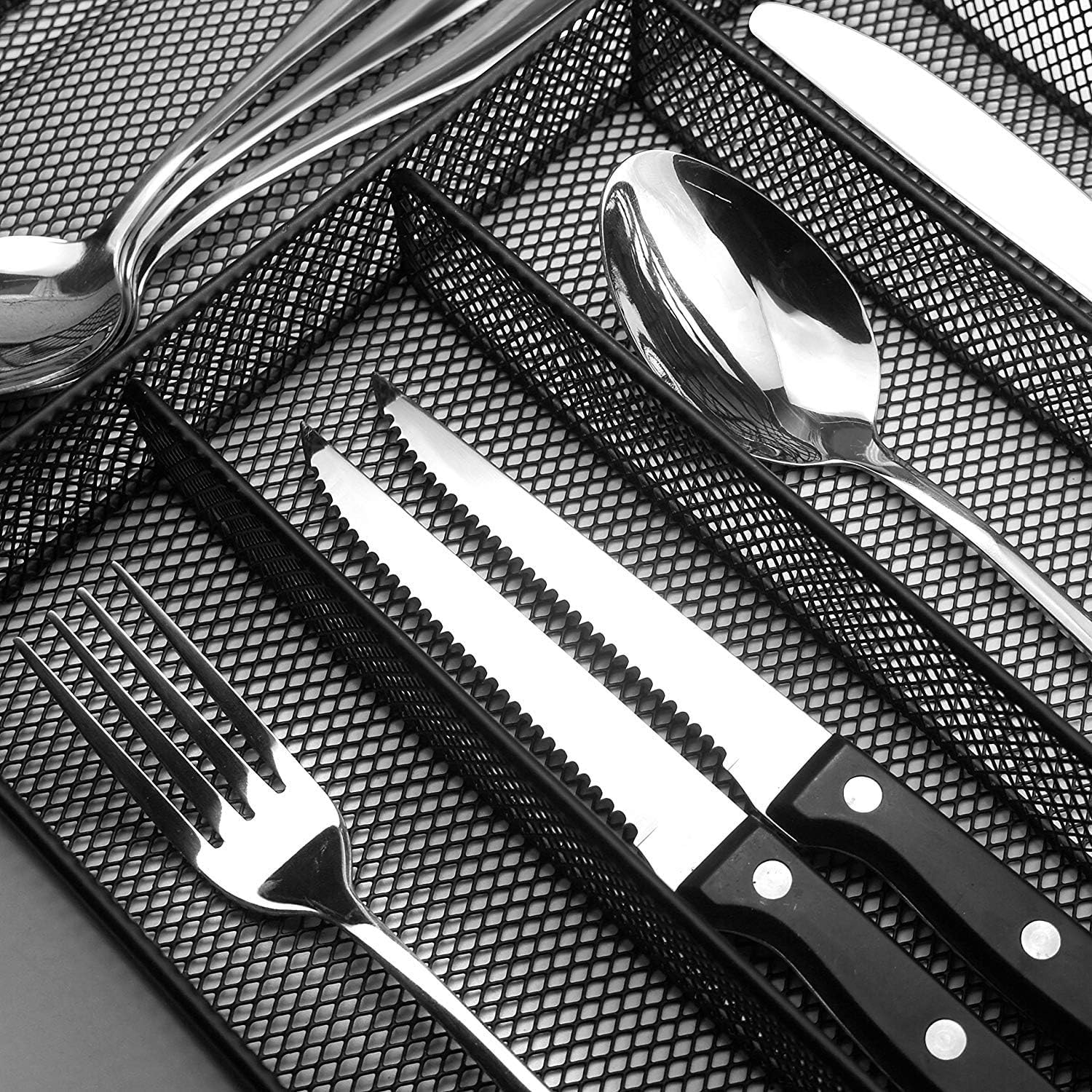 Organizador de cubiertos de malla de metal, organizador de cajones grandes, bandeja de cubiertos para cajones de cocina, organizador de cubiertos con 6 compartimentos, negro (11.3 x 16 4
