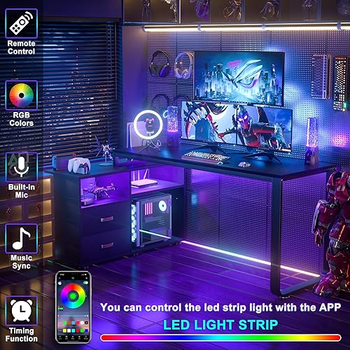 Miniatura 6 de Homieasy Escritorio en forma de L con archivador y toma de corriente, escritorios reversibles de esquina grandes de 55 pulgadas con tira LED,