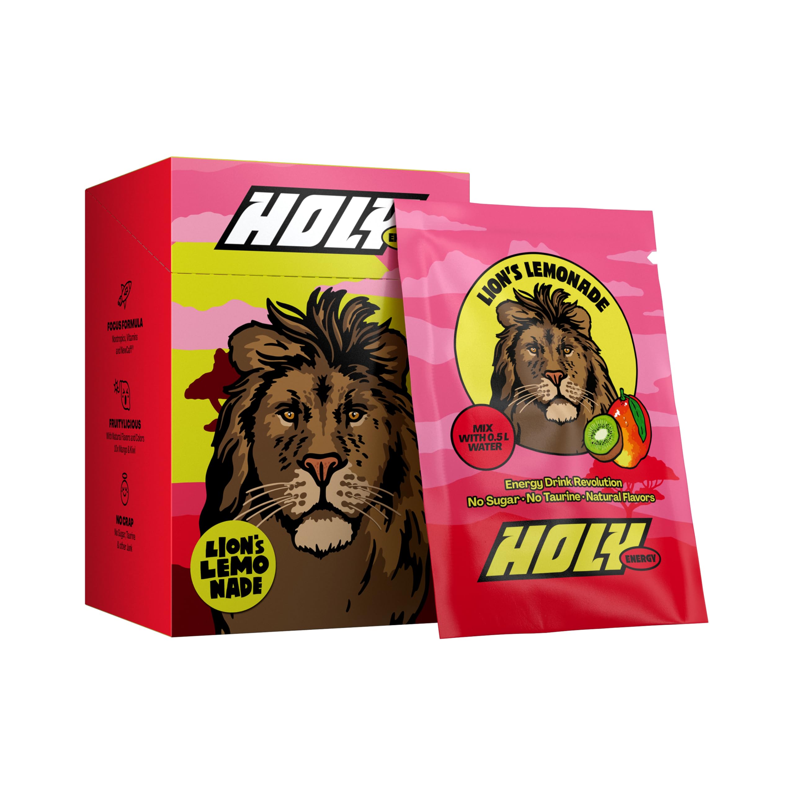HOLY Energy Booster 10er Probier-Box 'Lion's Lemonade' mit Mango & Kiwi Geschmack Pulver | 10 Portionen mit NewCaff & Grüntee Extrakt Vegan mit 100% natürlichen Fruchtaromen