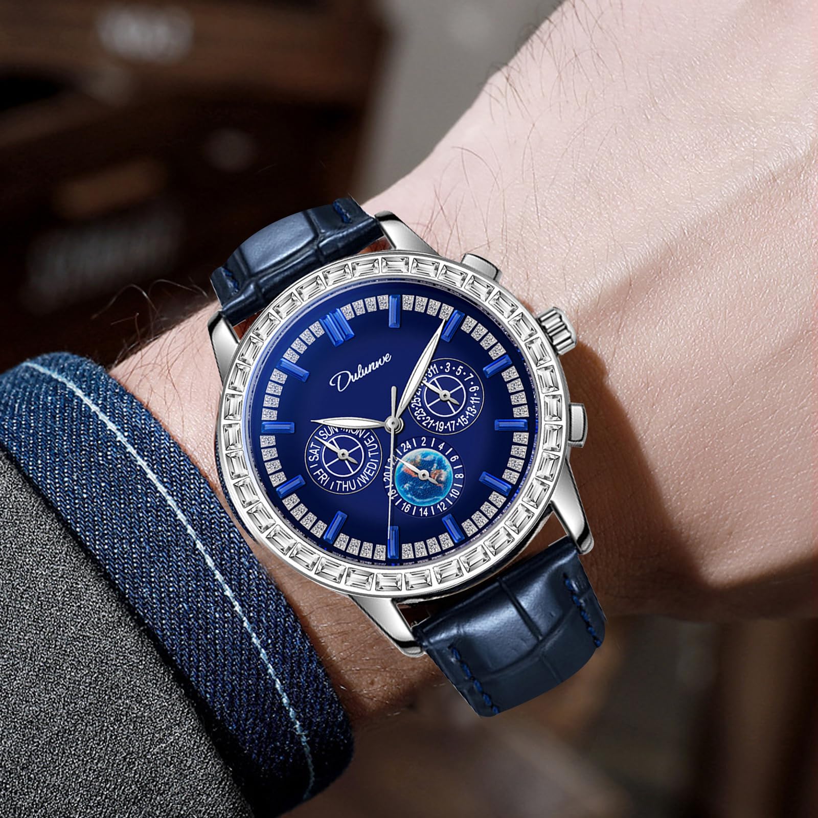 Reloj de pulsera de moda para hombre, esfera grande de diamante, reloj mecánico de cuerda manual, correa de cuero, relojes automáticos de negocios