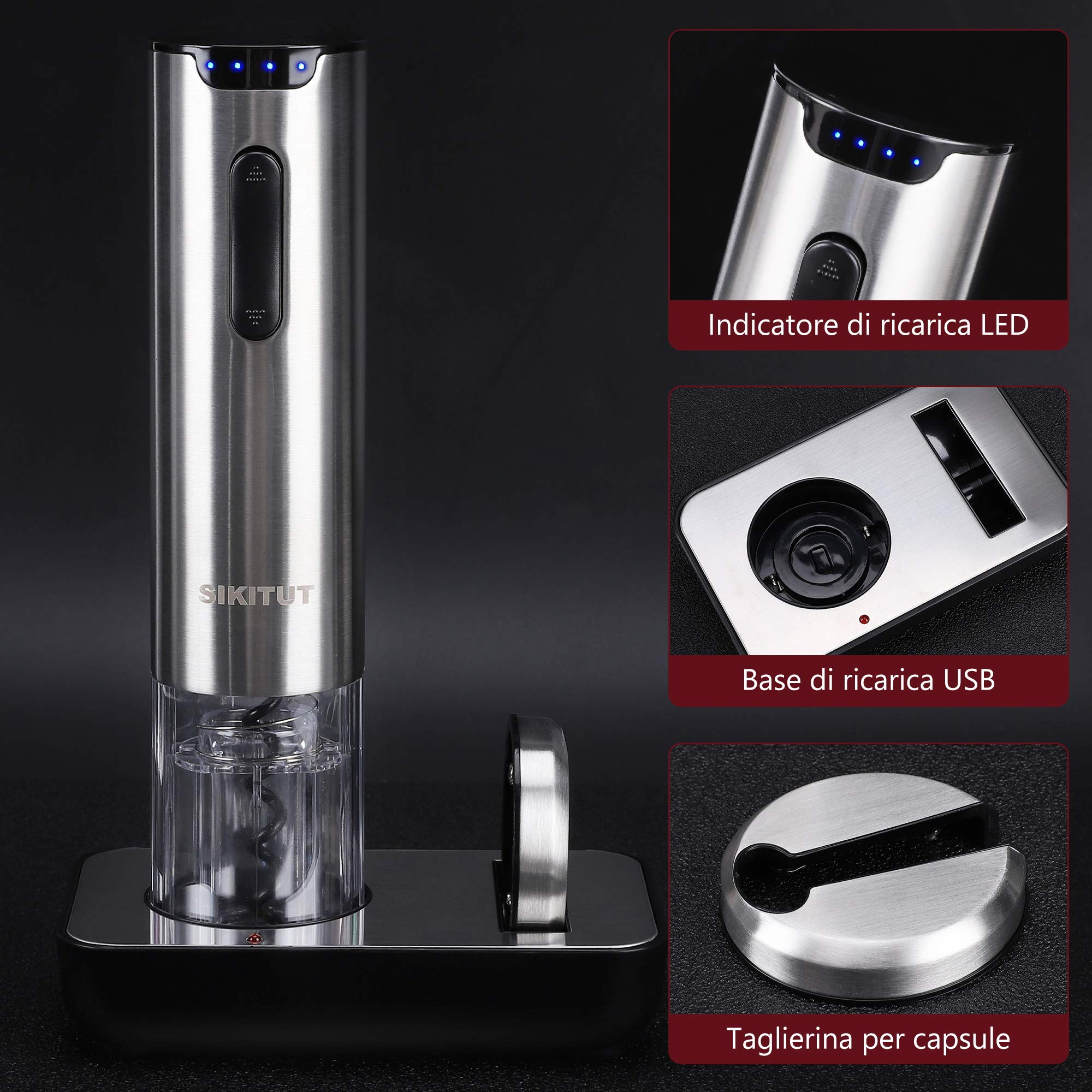 Cavatappi Elettrico Professionale Acciaio Inossidabile con Indicatore LED Batteria e Base Ricarica USB