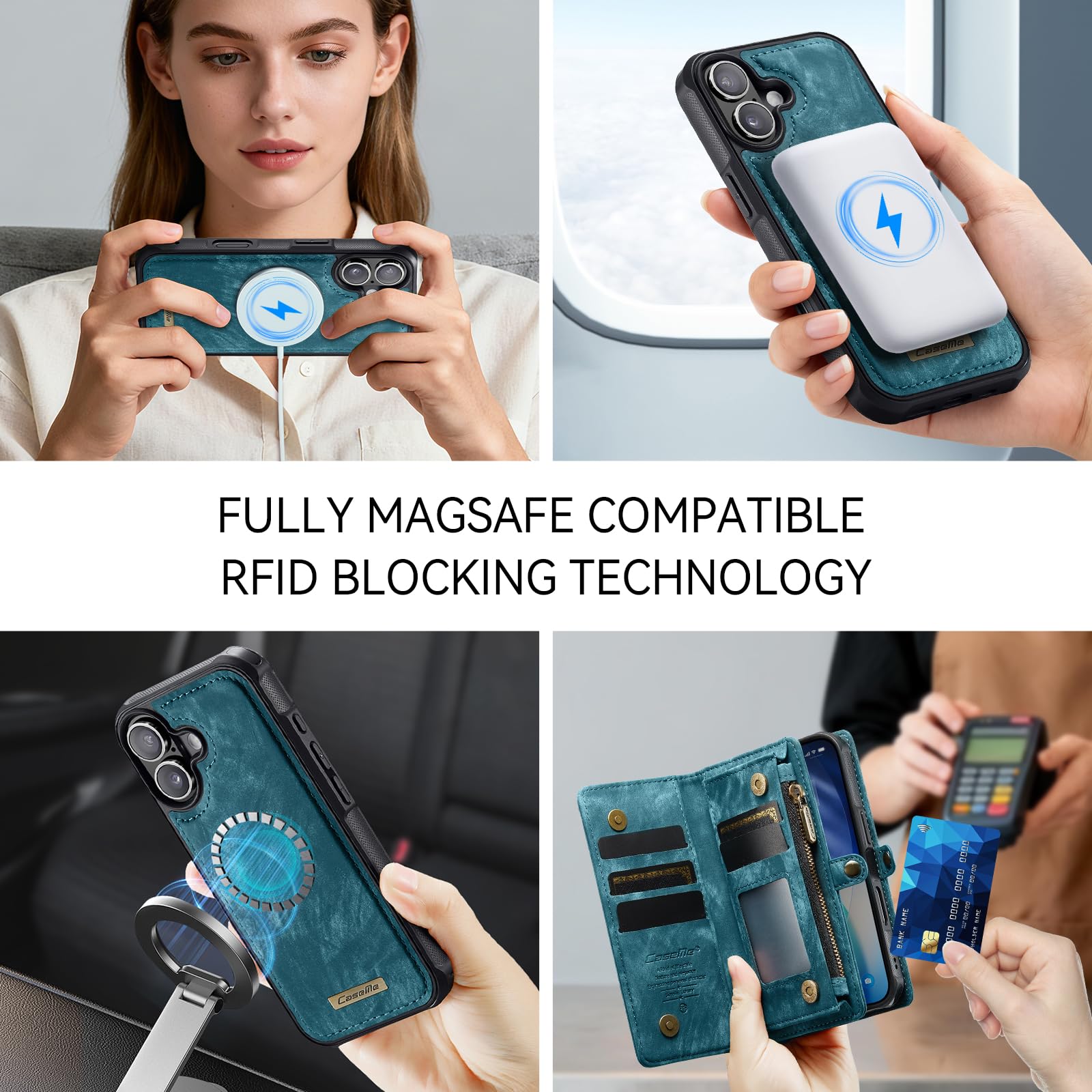 Etui portfelowe na iPhone'a 17 z 8 przegródkami na karty, magnetyczne zamknięcie, kieszeń na zamek błyskawiczny, odpinane magnetyczne etui 2 w 1, wysokiej jakości skóra PU, z paskiem na