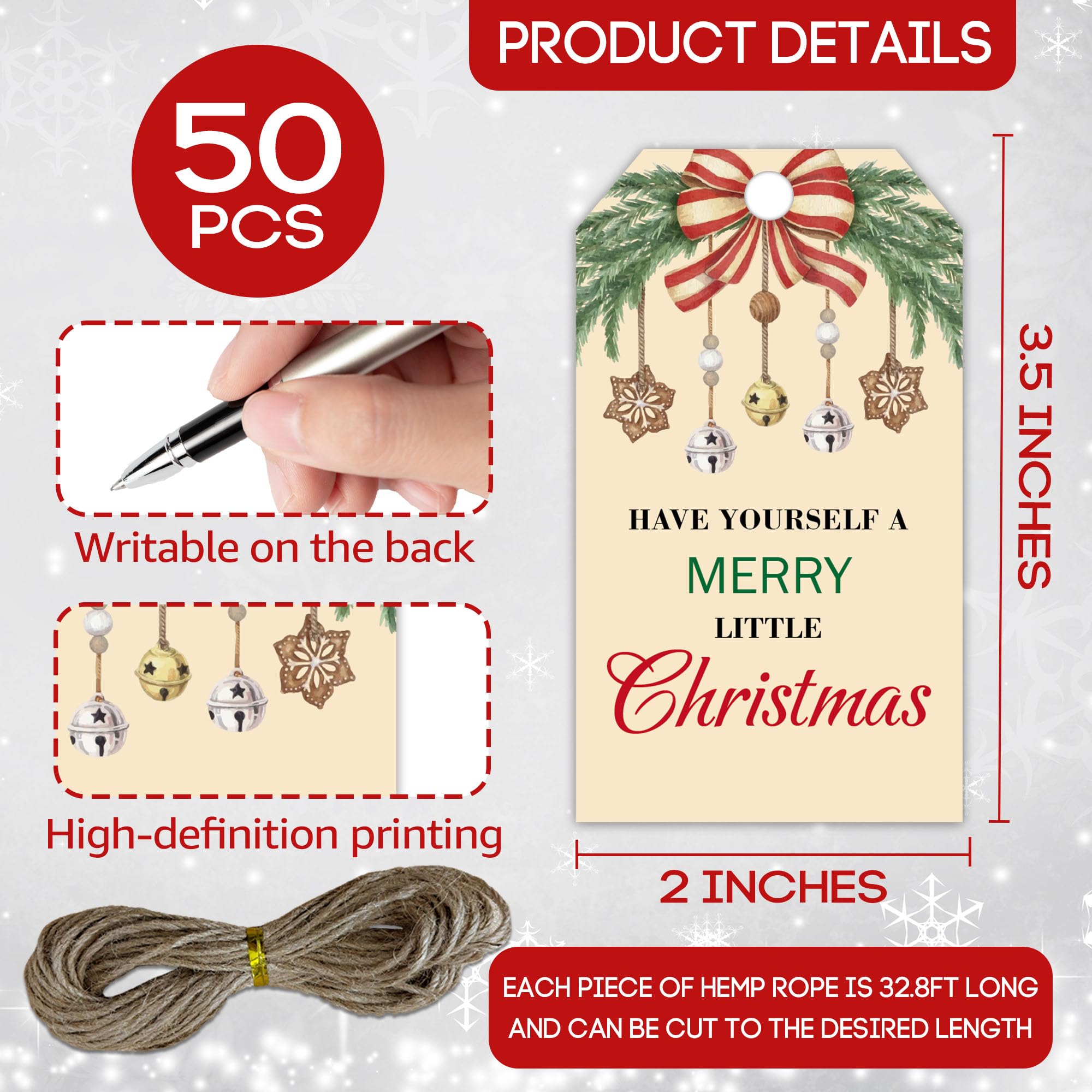 C09 Weihnachts-Geschenkanhänger aus Papier, mit Schnur, 5,1 x 8,9 cm, Weihnachts-Stechpalme und Schleife, "Have Yourself A Merry Little Christmas", Weihnachtsdekoration, Partyzubehör