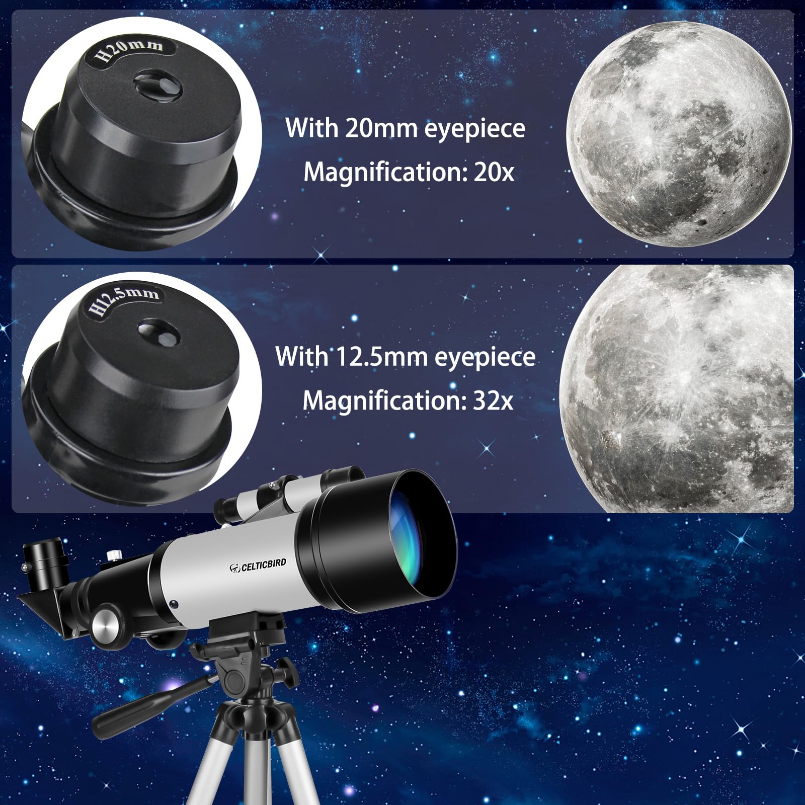 CelticBird Telescopio de 70 mm de Apertura de 400 mm – Telescopio de refracción astronómica para Adultos y Principiantes (70400 Gris)