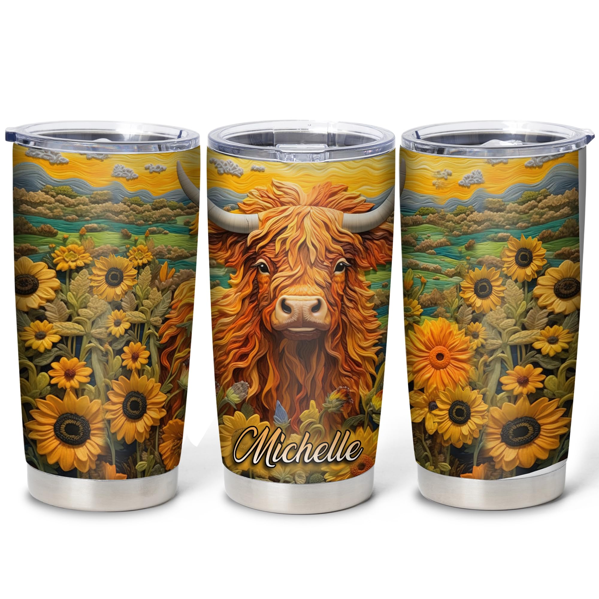 Hyturtle Personalized Gifts For Highland Cow Lover - Highland Cow With Sunflower Stainless Steel Tumbler 20oz With Lid - Idea Farm Animals Lover Gifts For Women, Girl, kids On Birthday, Christmas