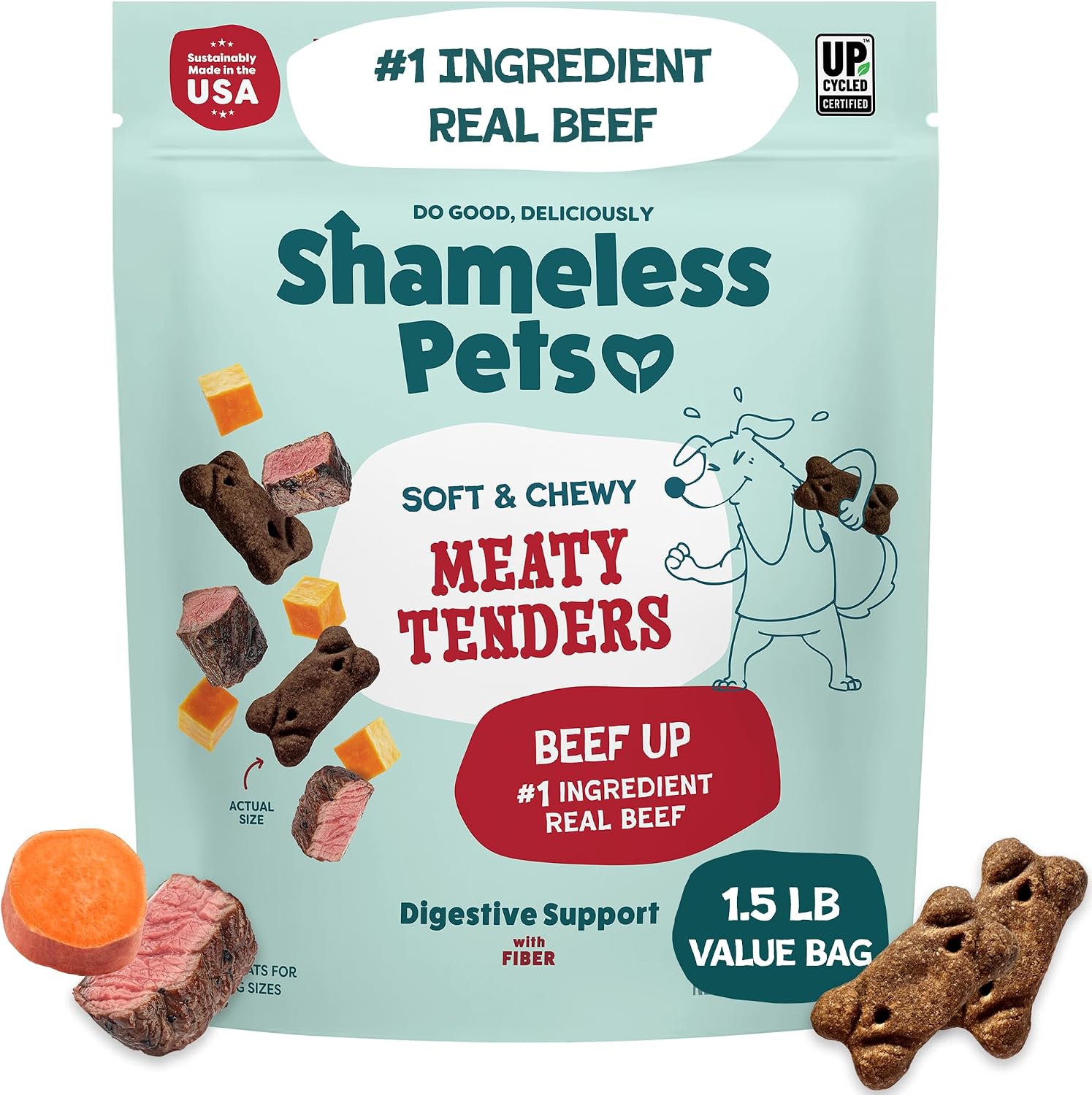 Shameless Pets Beef Up Meaty Tenders Soft Chewy Dog Treats 1.5lb - Real Beef #1 Ingredient, Grain-Free, Digestive Support for All Dogs