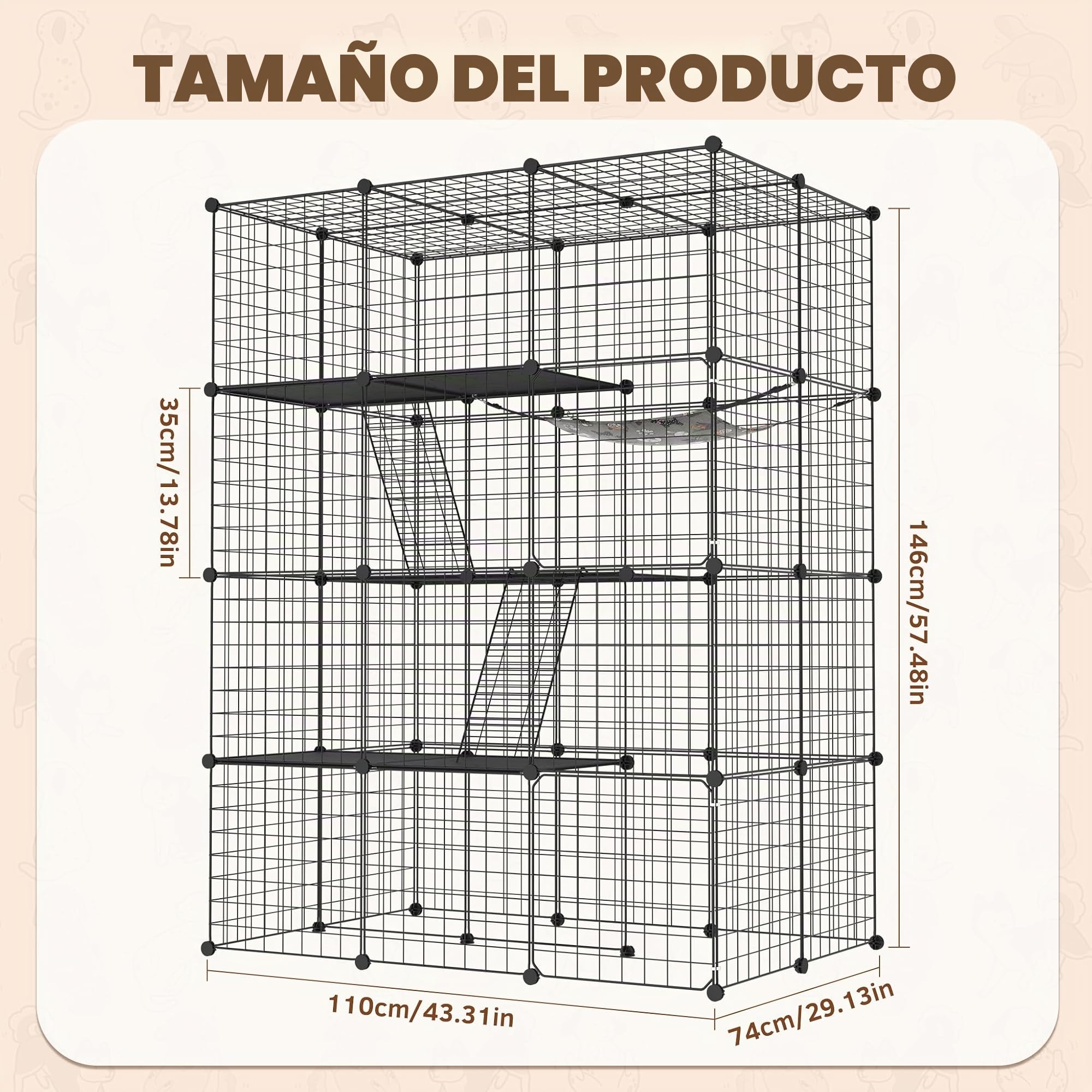 ACXIN Jaula grande para gatos de 4 niveles con sistema de conexión DIY, recinto para gatos con hamaca desmontable, 2 escaleras y 2 puertas, parque para gatos para casa y jardín, jaulas para animales