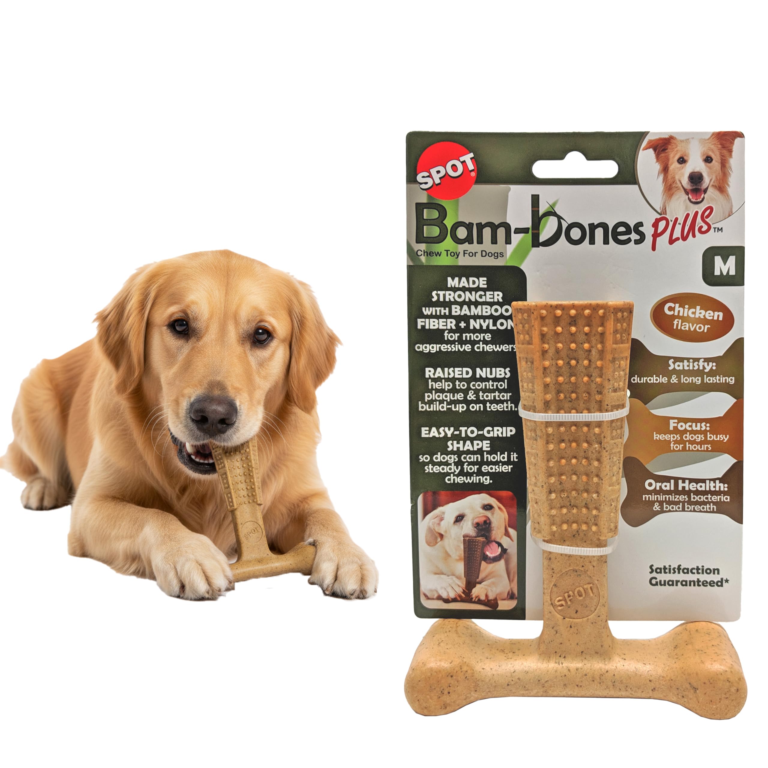 SPOT Bam-Bones Plus T-Bone, Bamboo Fiber & Nylon Dog Chew, Durable for Aggressive Chewers, Non-Splintering, for Adult Dogs & Teething Puppies Under 60lbs, 6in, Chicken Flavor